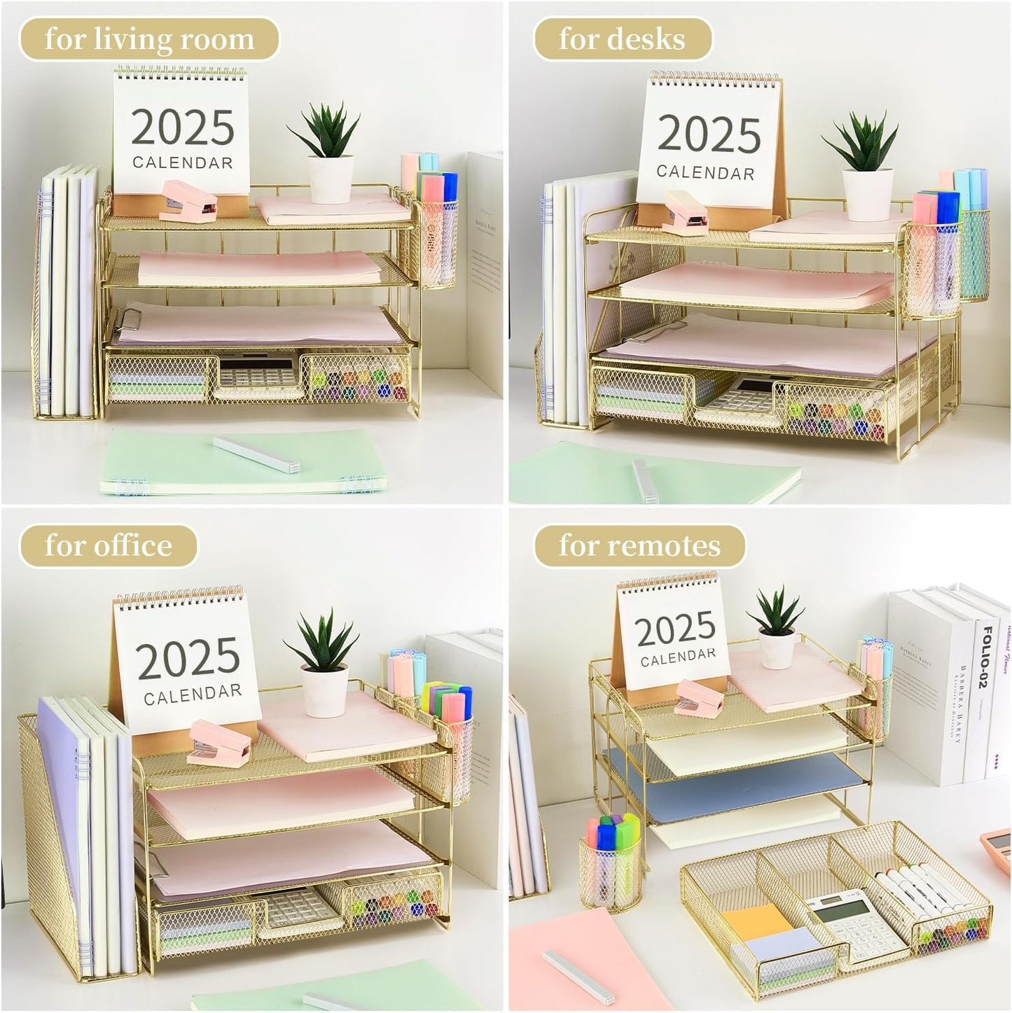 gianotter Desk Organizers and Accessories with File Holder, 4-Tier Desk Accessories & Workspace Organizers with Drawer and 2 Pen Holder, Paper Organizer for Office Supplies(Gold)