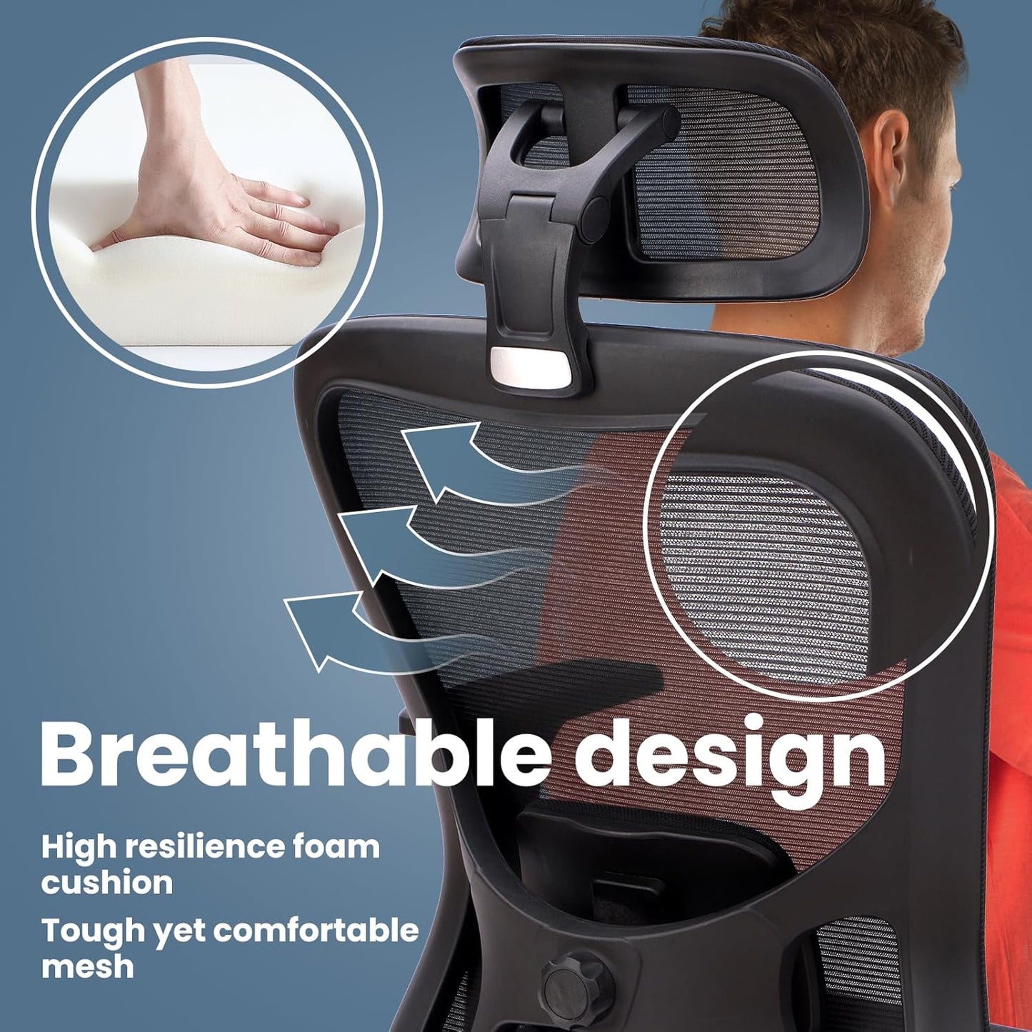 Ergonomic Office Mesh Chair, High Back Swivel Comfty Desk Chairs- 3D Armrest Adjustable Lumbar Support Capacity 400lbs and Headrest Wide for Home & Office, Bedroom (Black)