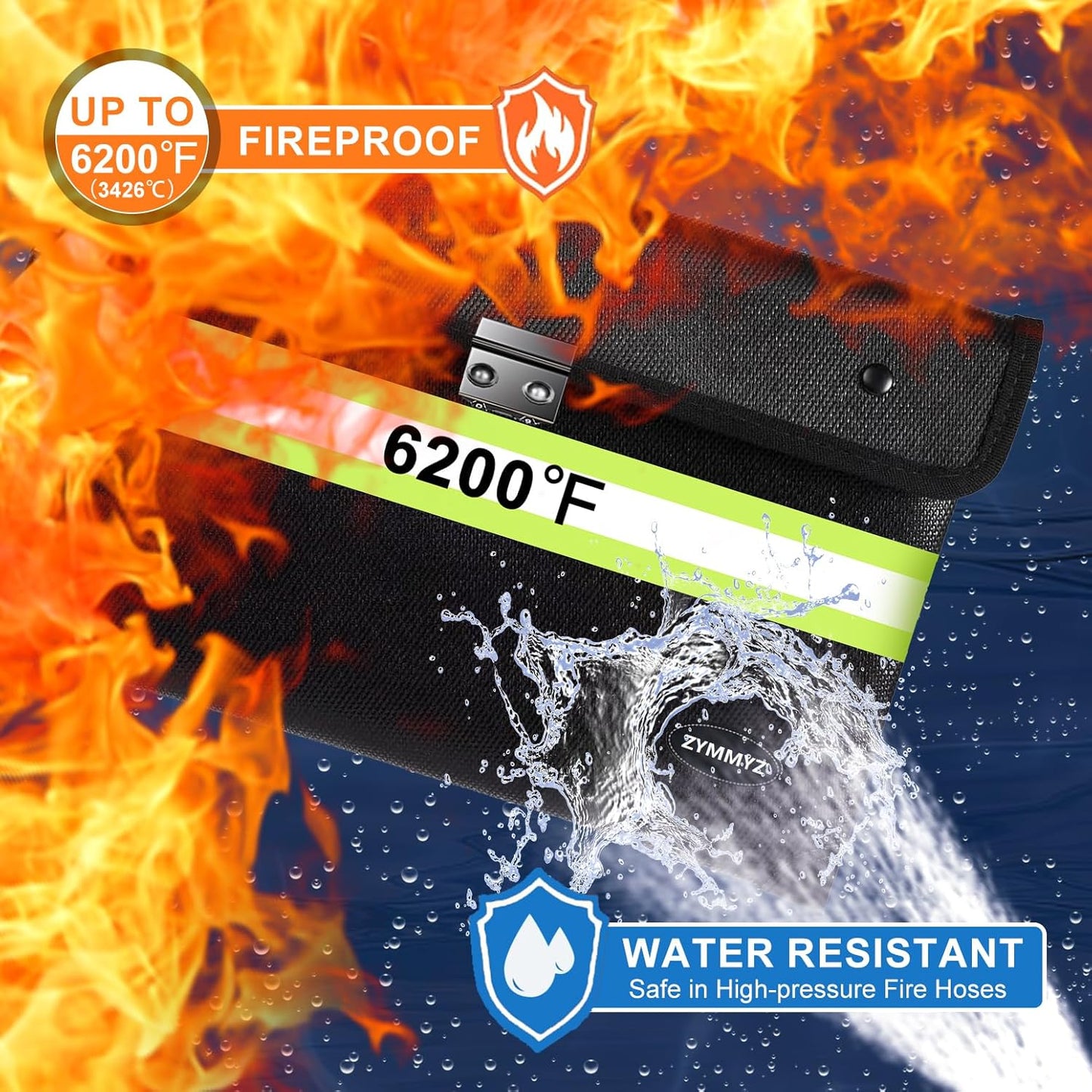 Upgraded Insulated FireProof Money Bag with lock for Cash,6200℉ Fireproof&Waterproof Document Pouch with Water Resistant Zipper Envelopes for Important Documents,Valuables（Not Suitable for A4 Files）