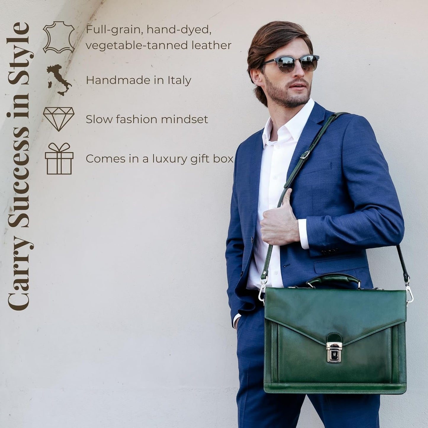 Time Resistance Leather Briefcase for Men - Business Laptop Bag - Italian Handmade Leather Bag - Attache - Gift Box Included