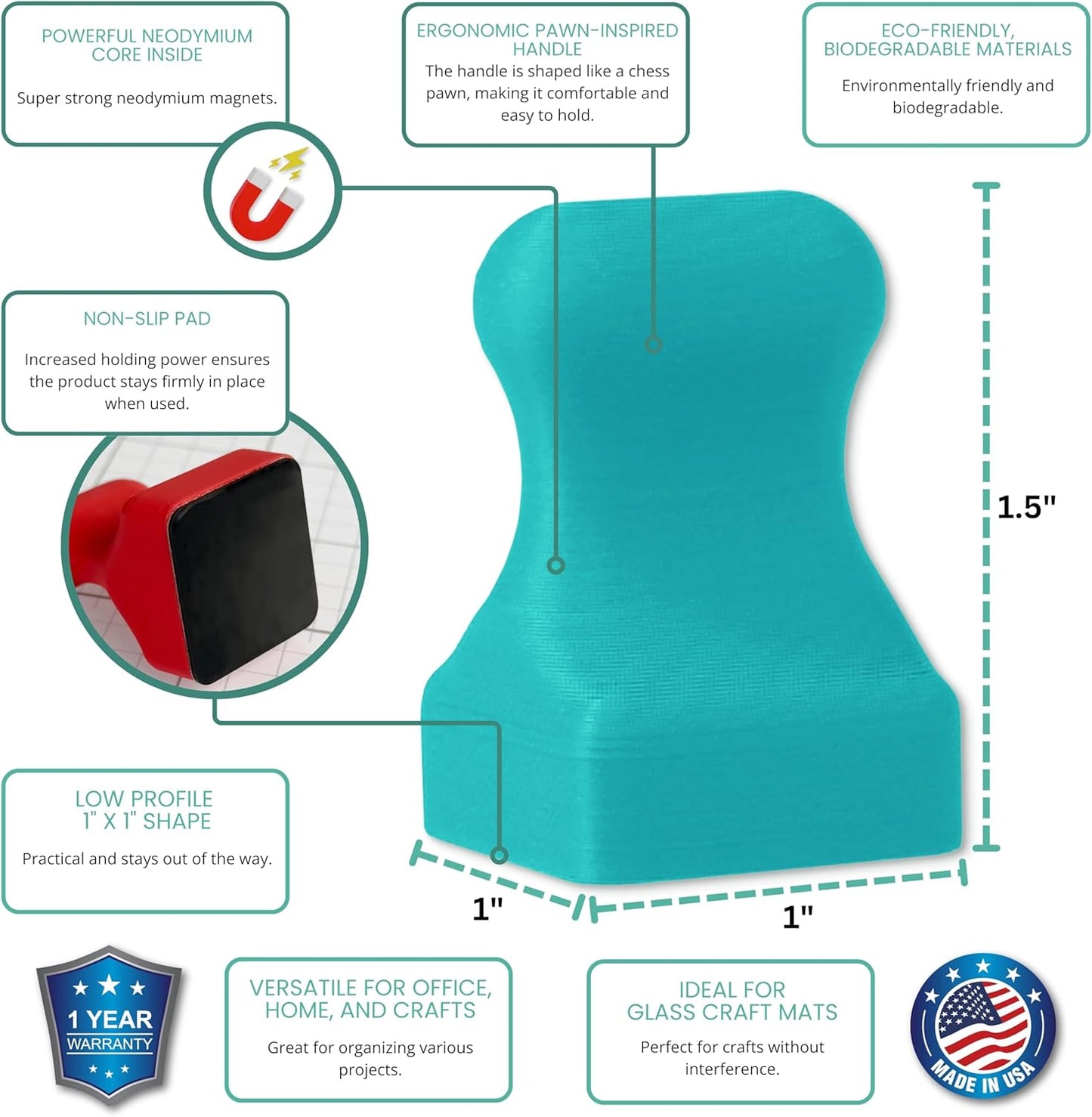 Glassboard Studio MiniBar Magnet - Strong Neodymium Rare Earth Magnets for Fridge, Whiteboard, Locker & Magnetic Glassboards - Crafting & Office Use - Strong Fridge Magnets (Seaside Teal Pawn, 4)