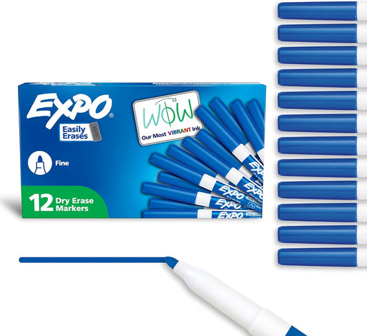 EXPO Dry Erase Markers, Low Odor Ink, Blue, Fine Tip, 12 Count