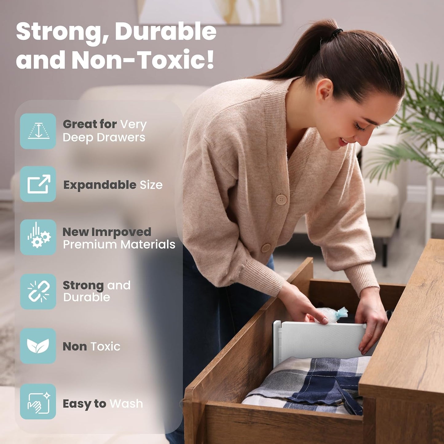 RAPTUROUS Adjustable Drawer Dividers 4 Pack, 4” High, 11-17” Long, Dresser Drawer Divider for Bedroom, Closet, Kitchen, Nursery Organization, Office, Strong & Sturdy Hold, Soft Foam Edges（White）