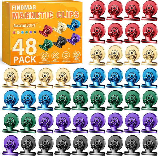 FINDMAG 48 Pack Magnetic Clips for Photo ANG Picture Display, Strong Scratch-Free Refrigerator Magnets, Heavy Duty Clips for Picture Hanging, Whiteboard, Kitchen, Office, School Use.