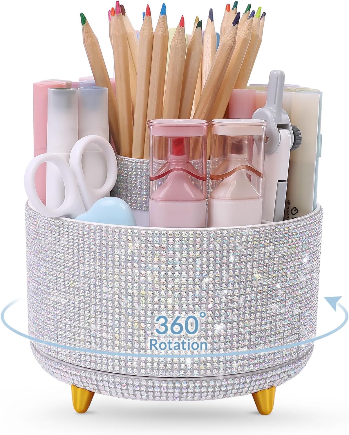 SKYDUE 360 Degree Rotating Desk Organizer, Shining Dual-Purpose Rhinestone Pencil Pen Holder, Rotating Desk Pen Organizer with 5 Slots, Rhinestone Pencil Cup for Office, School, Home