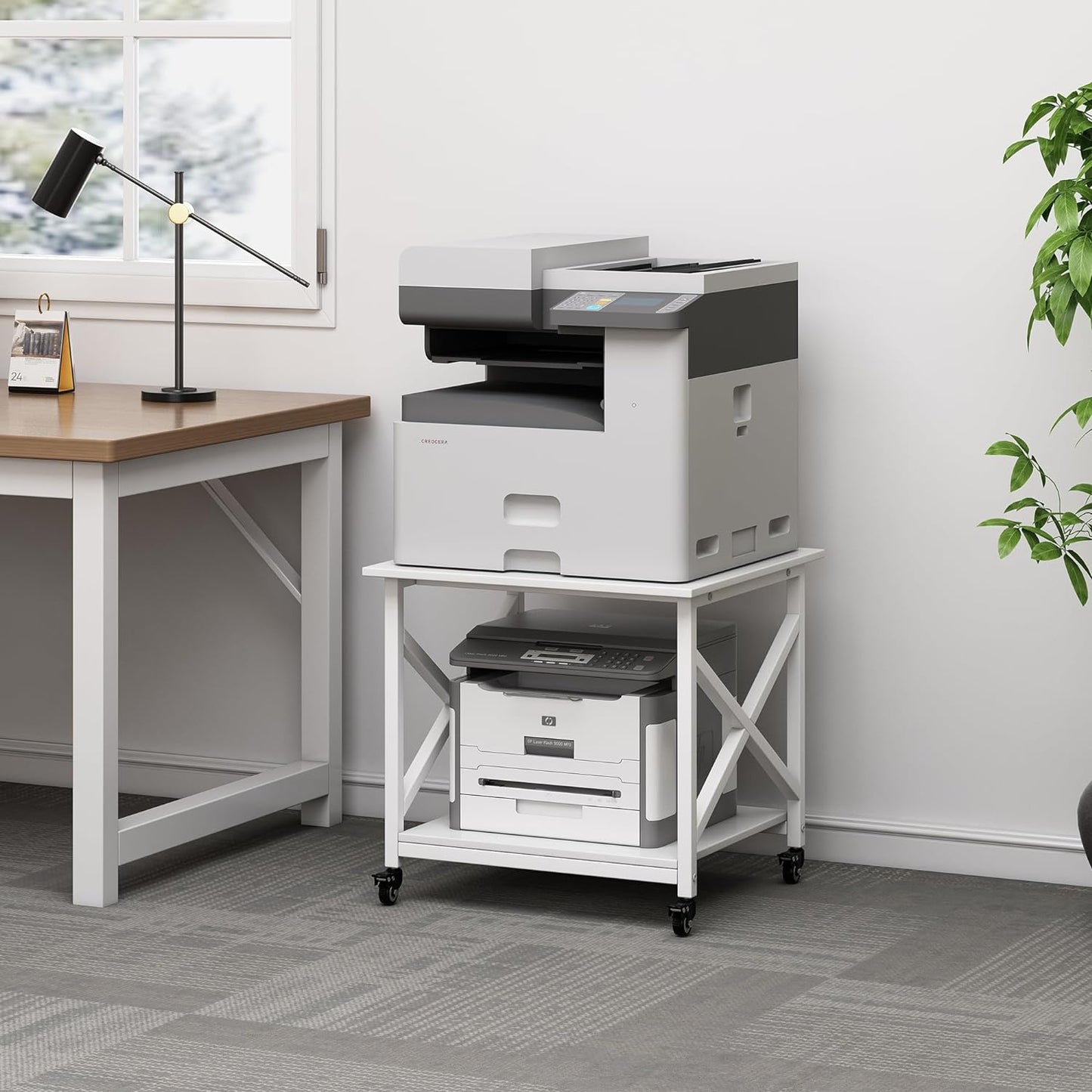 23.6 x 23.6 Inches Large Printer Stand, 2 Tier Square Printer Table with Storage Shelf for Home Office, Multi-use Rolling Cart with Wheels for Laser, 3D Printer and Mini Fridge - White