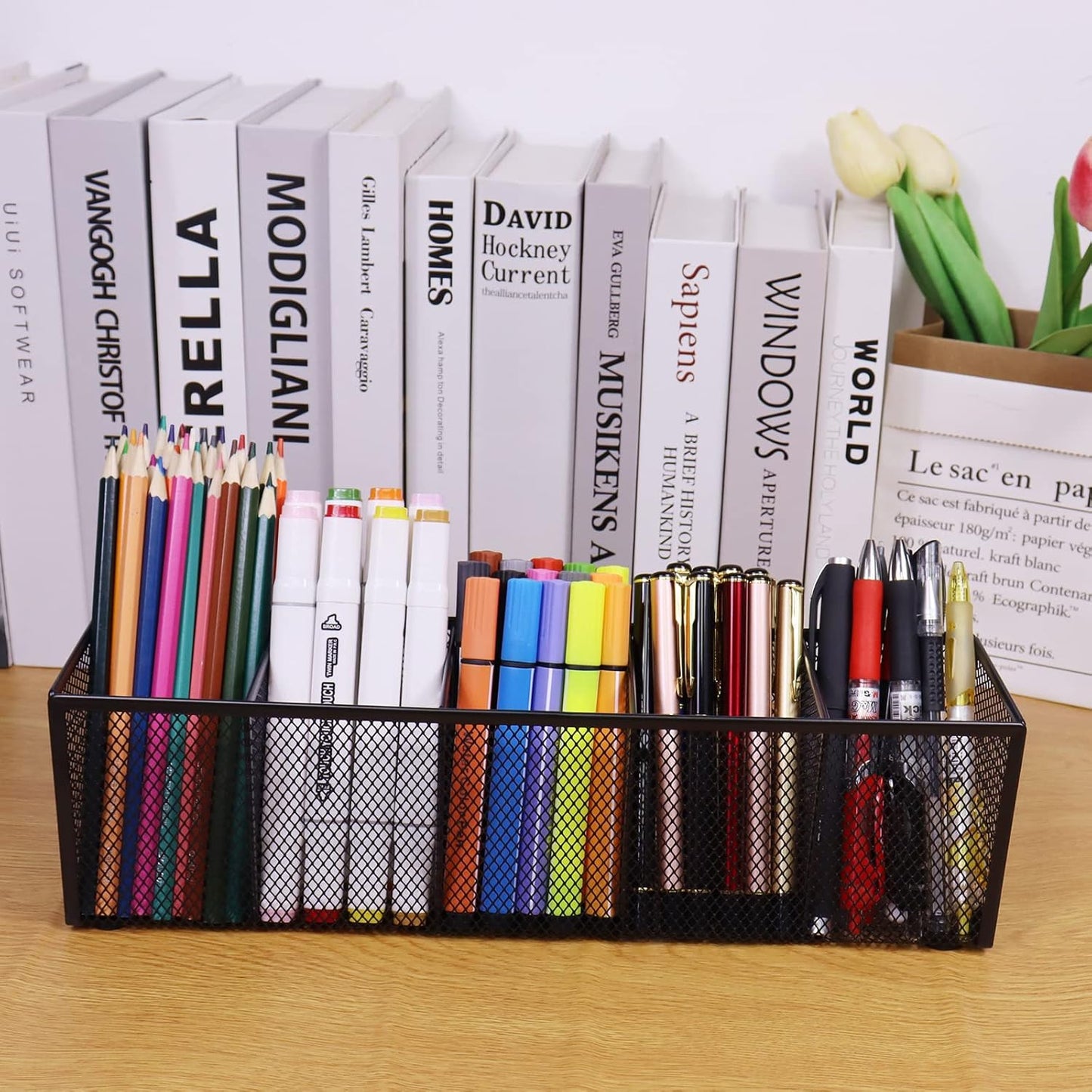 2PCS Black Mesh Pen Pencil Holder, Small Metal Desk Organizer Desktop Stationery Office Supplies Acessories Storage Stand, 5 Compartments Brushes Holder for Home School Classroom Teachers