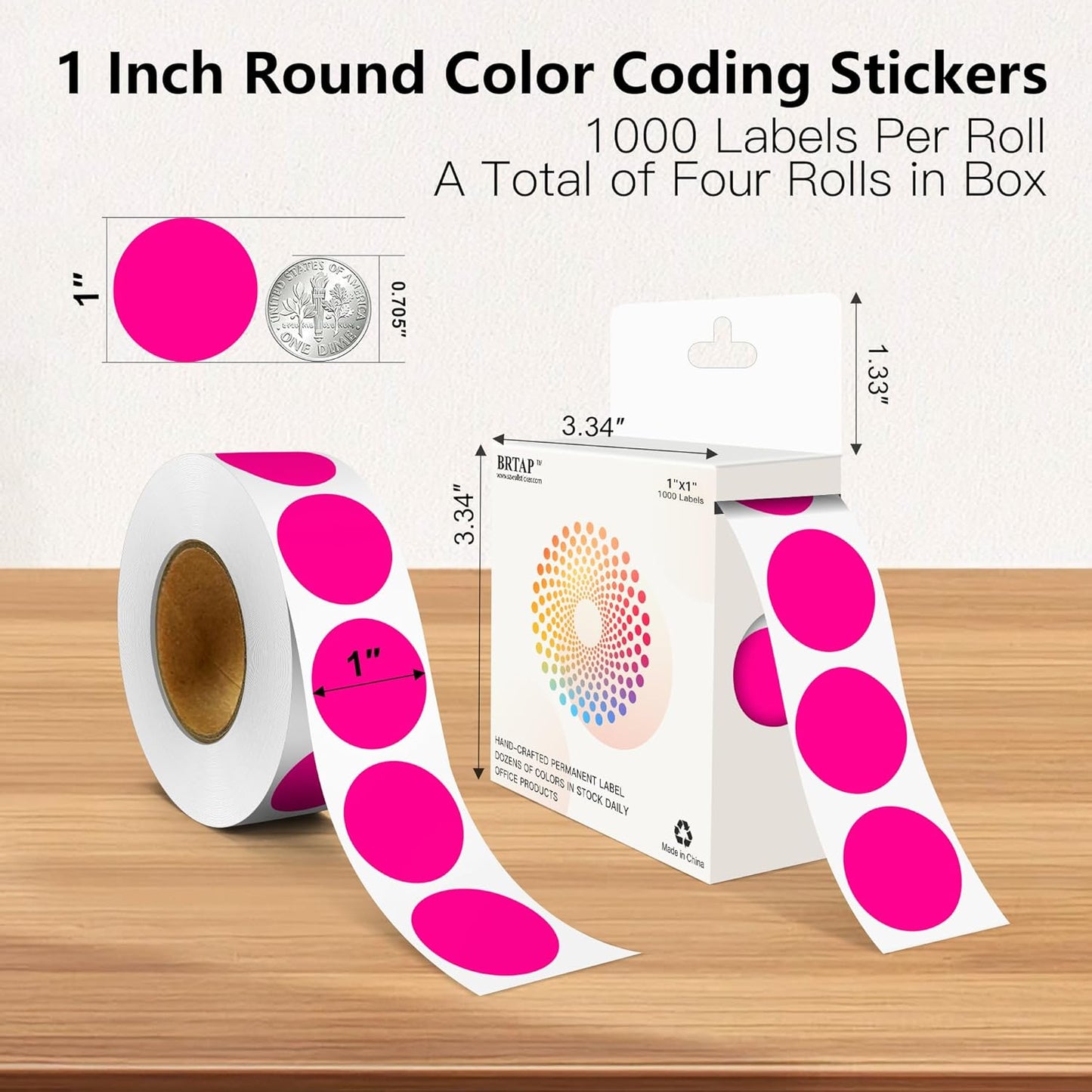 Fluorescent Pink 1 Inch Round Color Coding Labels with 4000 Dots, 4 Rolls - Bright Color Dot Stickers for File Folders, Inventory System - Highly Visible