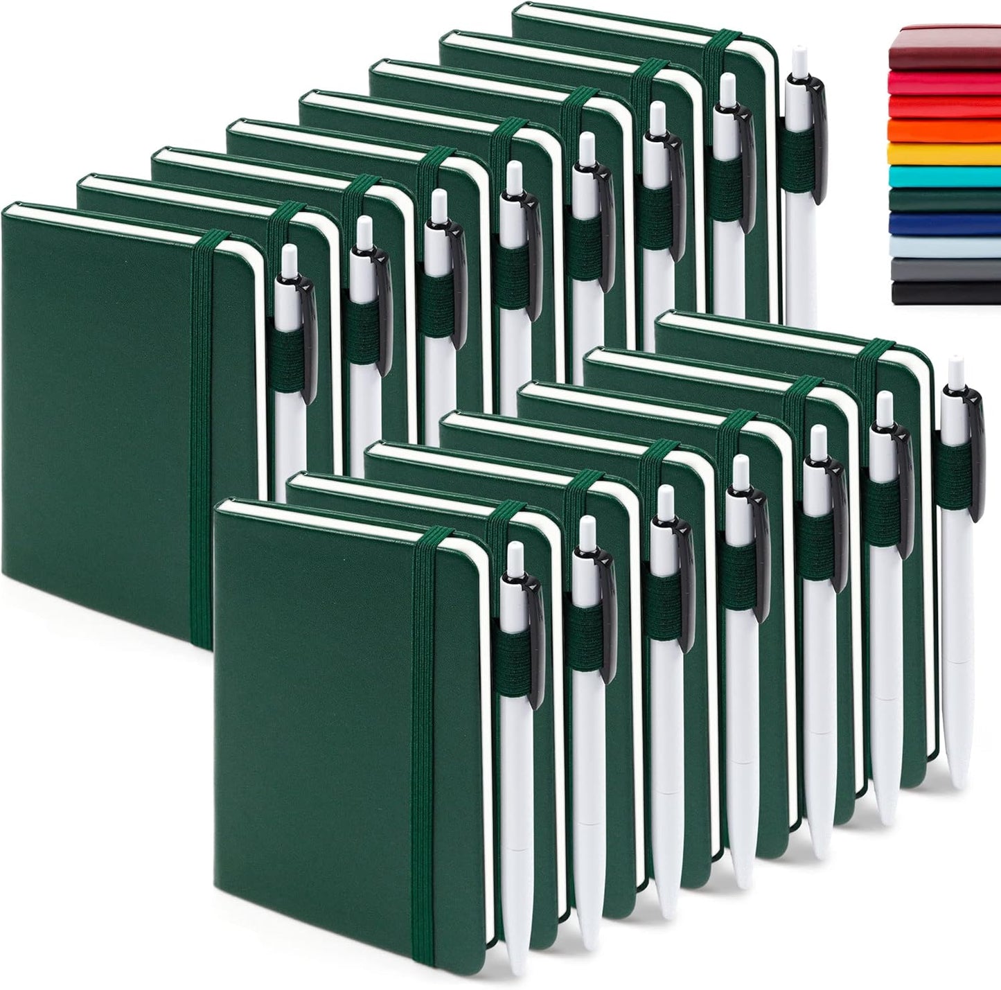 feela 15 Pack Pocket Small Notebooks Bulk, Mini Cute Notepads Hardcover College Ruled Lined Journals with Pen Holder for School Business Memos, with 15 Black Pens, 3.5”x 5.5”, A6, Dark Green