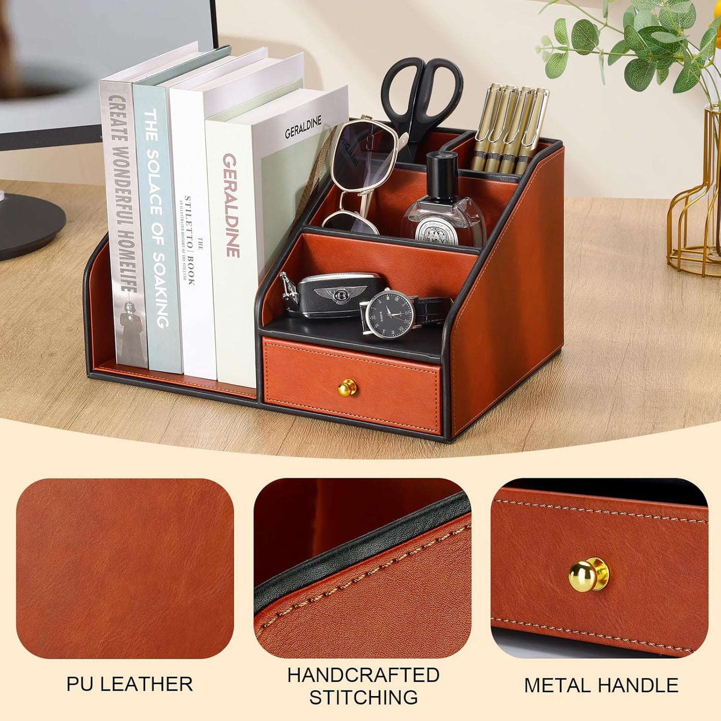 KINGFOM PU Leather Desk Organizer, Multifunction 6 Compartment Desk Organizers and Accessories for Office Supplies, Pen Pencil Holder/Book Mail Organizer Holder for Desk with Drawer (Brown)