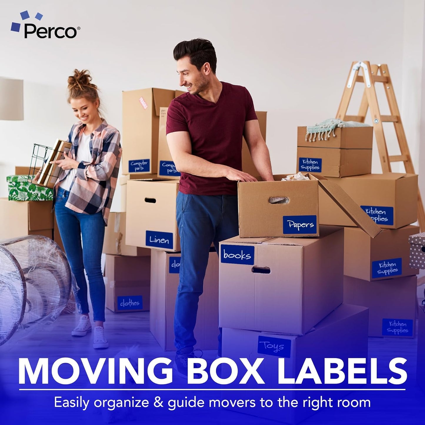Perco Dark Blue Labels 3x5 Inch 500 Stickers/Roll with Easy Peel Perforation and Strong Adhesion for Inventory Management, Color Coding, Moving Boxes, Retail, Organizing & Crafts – Made in USA