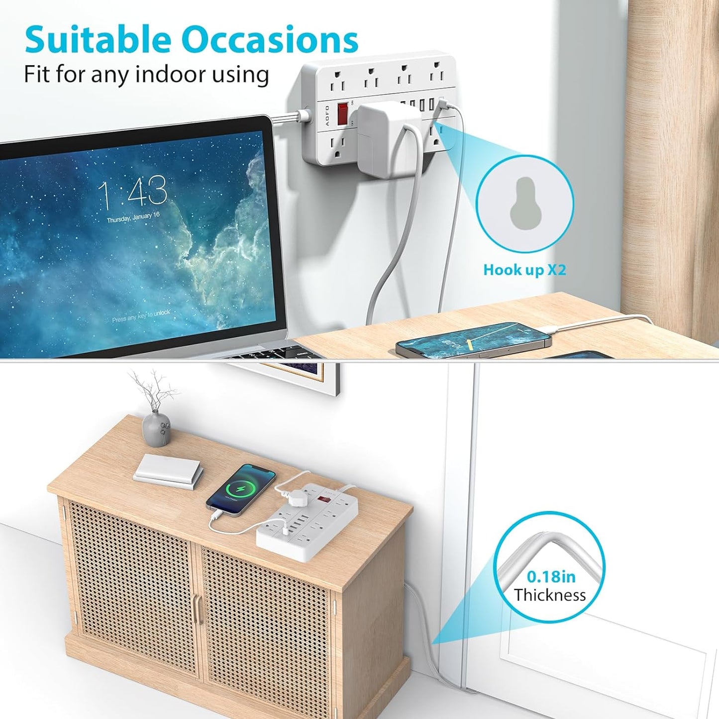 Power Strip Surge Protector with 6 USB (1USB C) Ports,AOFO 5 ft Extension Cord Flat Plug with 8 Widely Spaced Outlets,Wall Mountable Charging Station for Phone Tablet Laptop Computer Multiple Devices