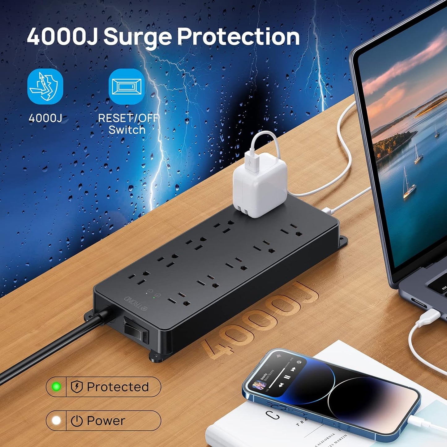 TROND Surge Protector Power Strip 10ft, 4000J, ETL Listed, 10 Widely Spaced Outlets, 2 USB A & 2 USB C Ports, Flat Plug Long Extension Cord, Wall Mountable, for Home Office Entertainment, Black