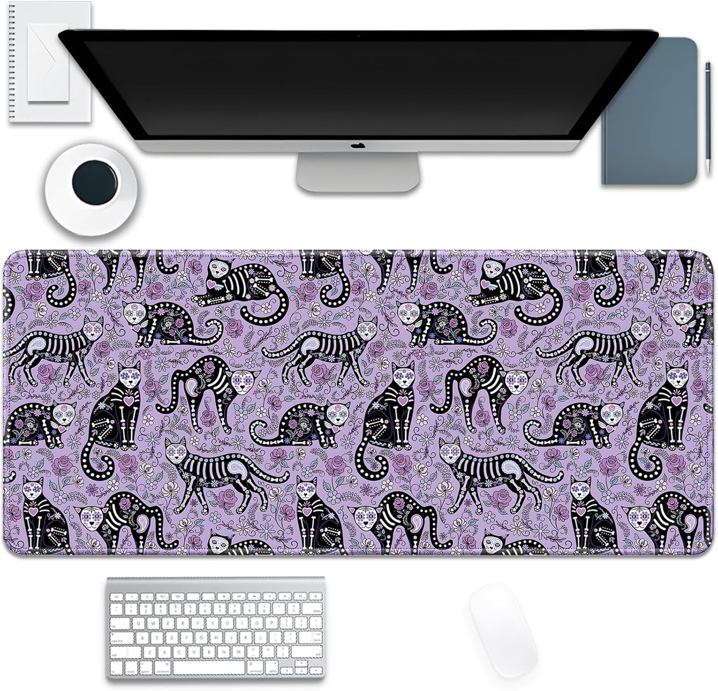 Gothic Cat Skeleton Flowers Mouse Pad,Extended Cat and Floral Mousepad Desk Pad with Stitched Edges,Non-Slip Waterproof Rubber Base Mouse Mat for Office Computer Keyboard Laptop Home(27.5x11.8 in)