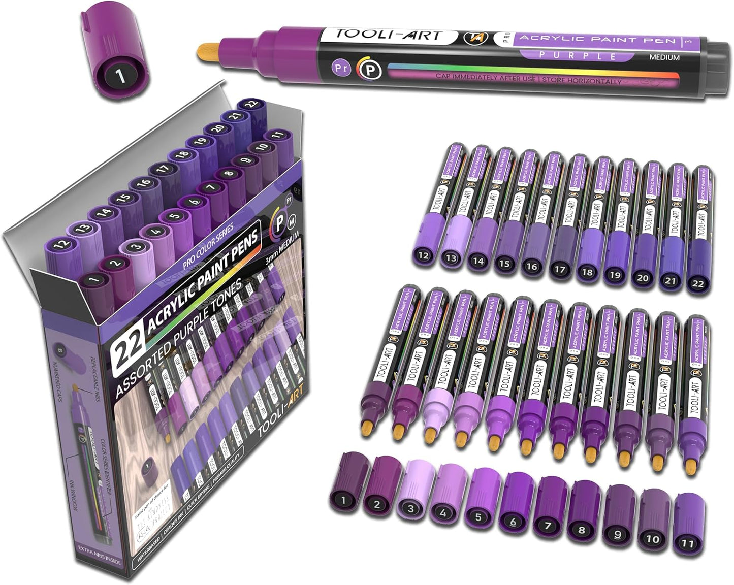 TOOLI-ART 22 Acrylic Paint Markers Paint Pens Pro Color Series Set 3mm Medium Tip for Rock Painting, Glass, Mugs, Wood, Metal, Glass Paint, Canvas, DIY. Non Toxic, Waterbased, Quick Drying (PURPLE)