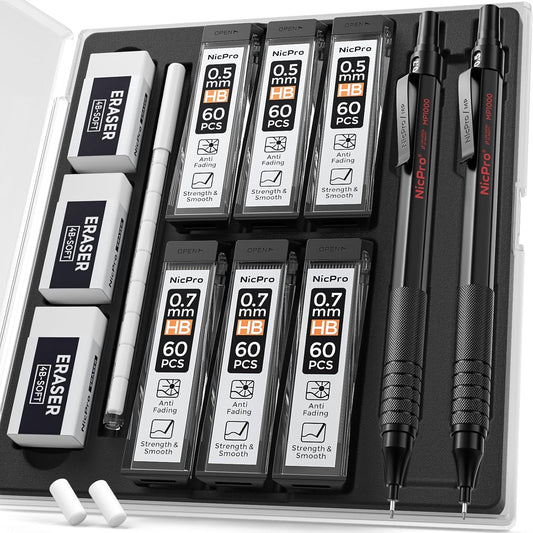 Nicpro 2 PCS Mechanical Pencil 0.5mm & 0.7 mm with Case, MP1000 Metal Artist Pencil Set with 4 Tubes HB Lead Refills, 2 Erasers, 9 Eraser Refills For Art Writing Drafting, Drawing, Sketch, Black