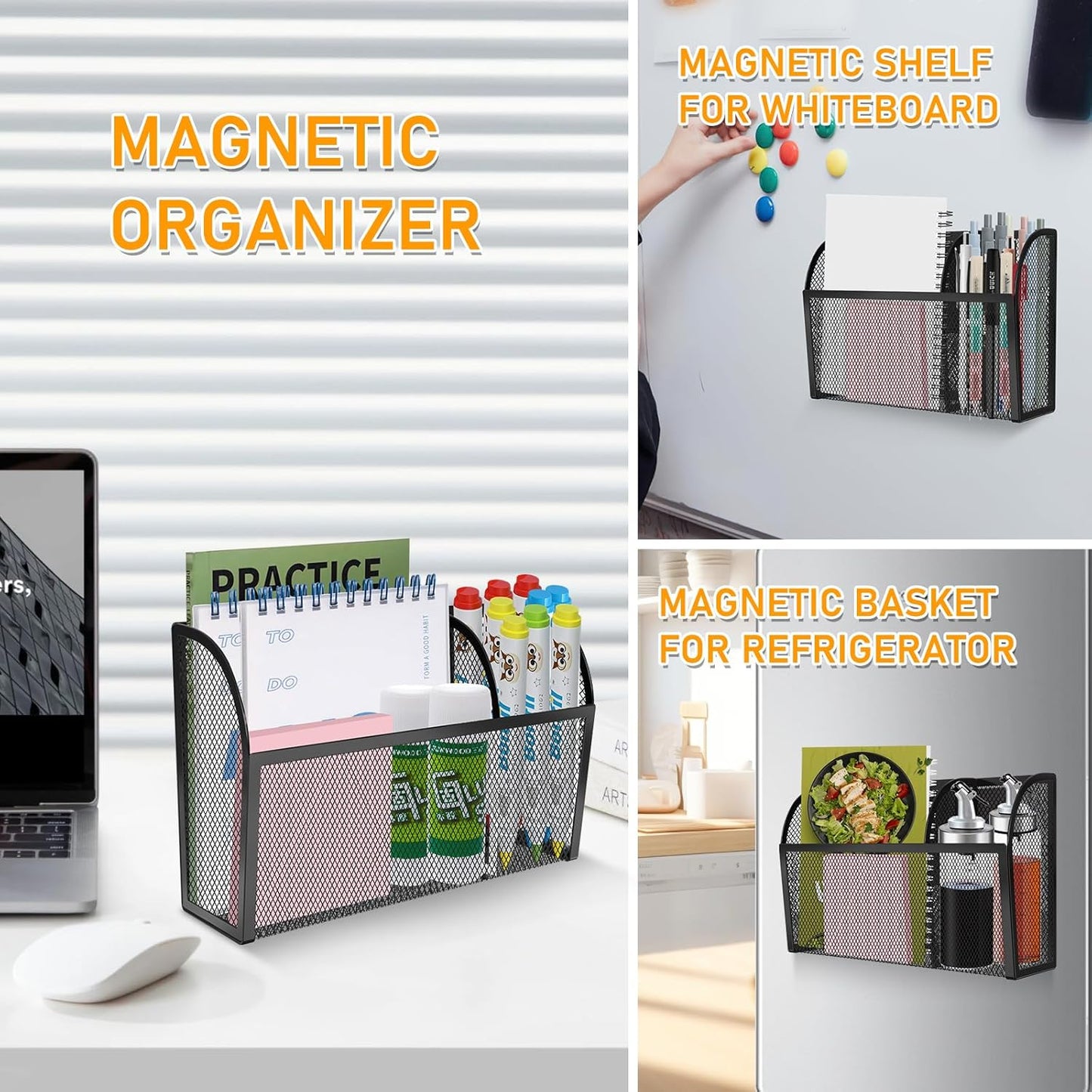 Magnetic Pencil Holder-Magnetic Basket for Fridge 3-Grid Mesh Magnetic Pen Holder for Refrigerator, Extra Strong Magnets Mesh Marker Holder Locker Accessories Organizer for Whiteboard