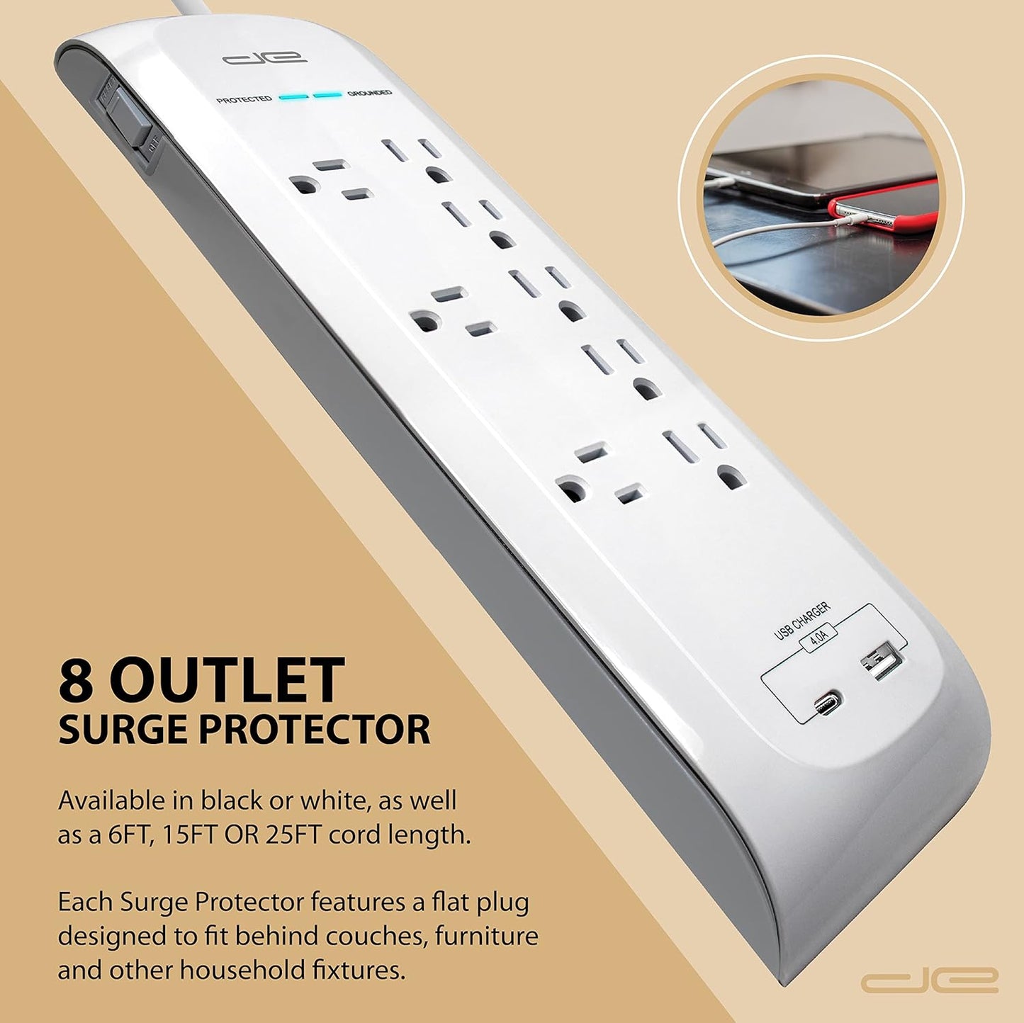 Digital Energy 25 FT USB-C and USB-A 8 Outlet 4200 Joules Surge Protector Power Strip, 3 Wide Spaced Outlets, White