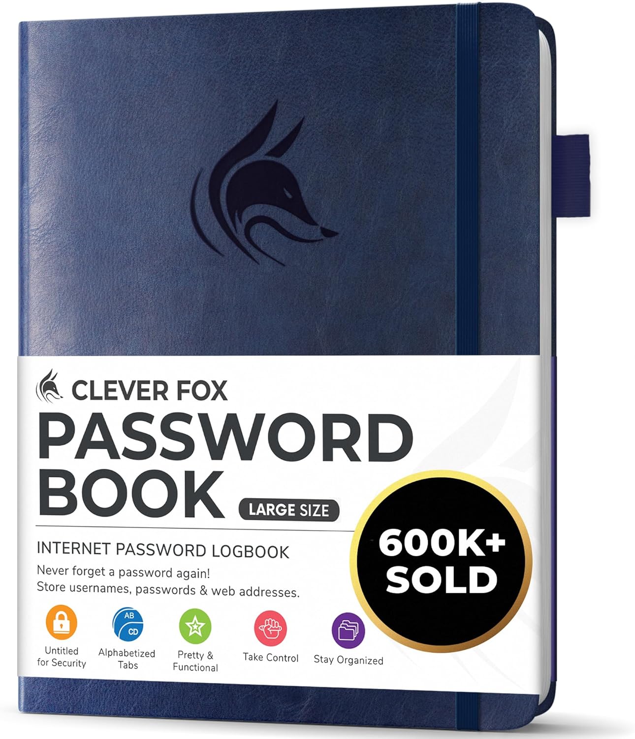 Clever Fox Password Book with alphabetical tabs. Internet Address Organizer Logbook. Large Password Keeper for Website Logins (Dark Blue)
