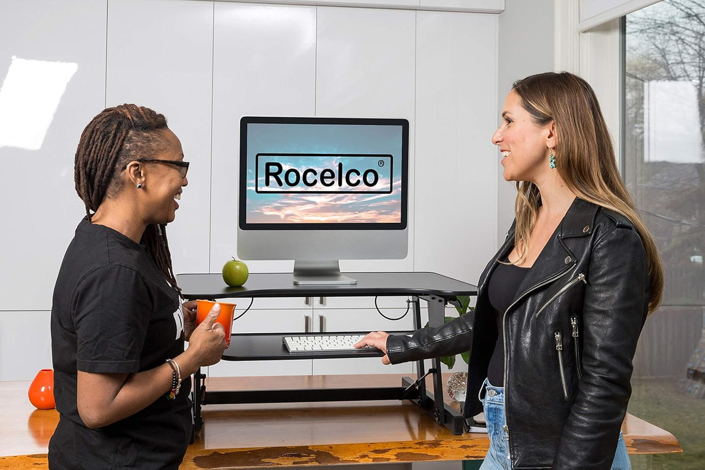 Rocelco 32" Height Adjustable Standing Desk Converter - Slide Out Retractable Keyboard Tray - Sit Stand Up Double Monitor Riser - Dual Piston Lift Assist Tabletop Computer Workstation - Black (R ADRB)