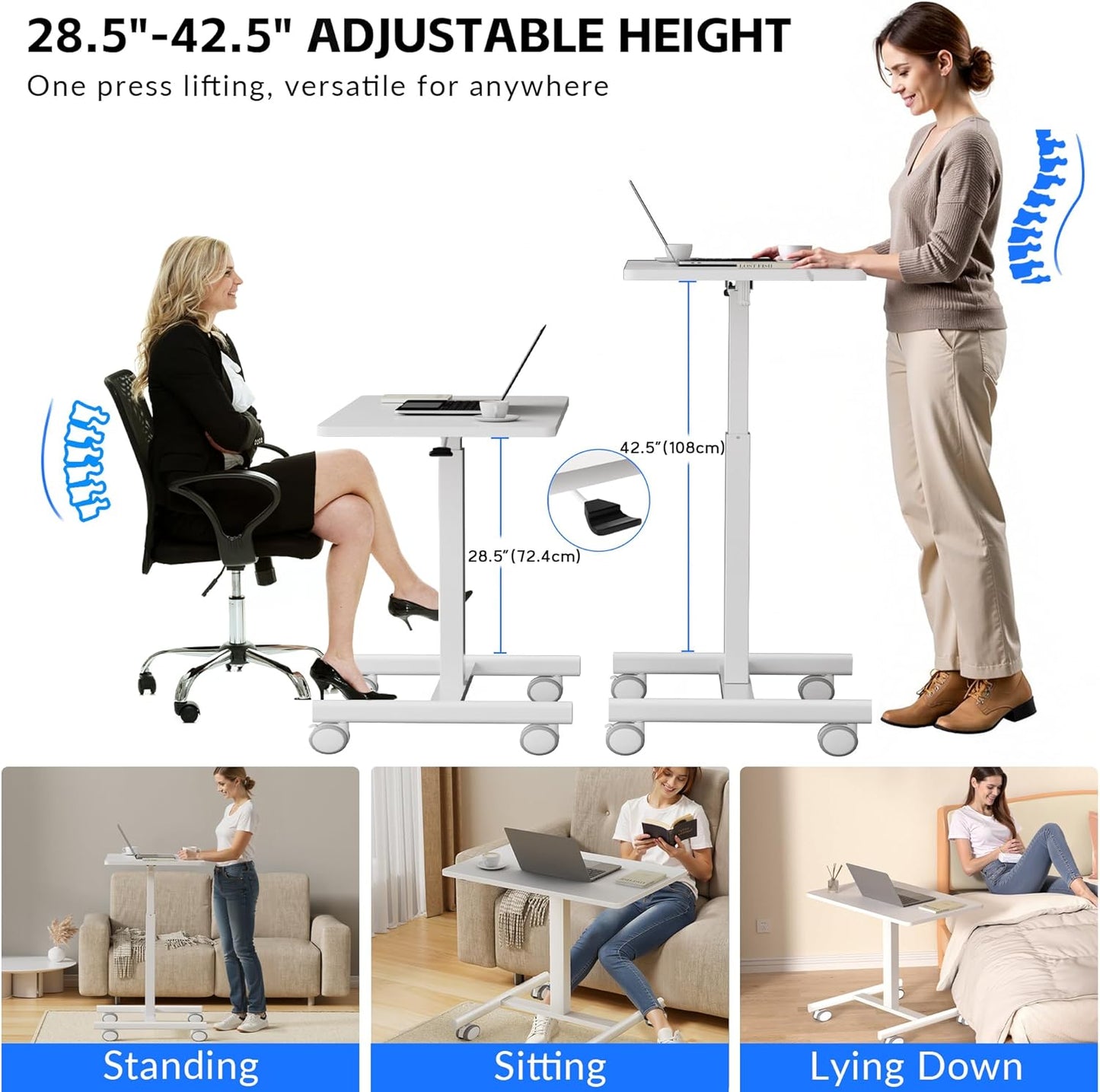 Mobile Laptop Standing Desk Adjustable Height, Small Mobile Desk Workstation with Wheels, Portable Rolling Computer Desk Cart for Home Office Classroom (White)