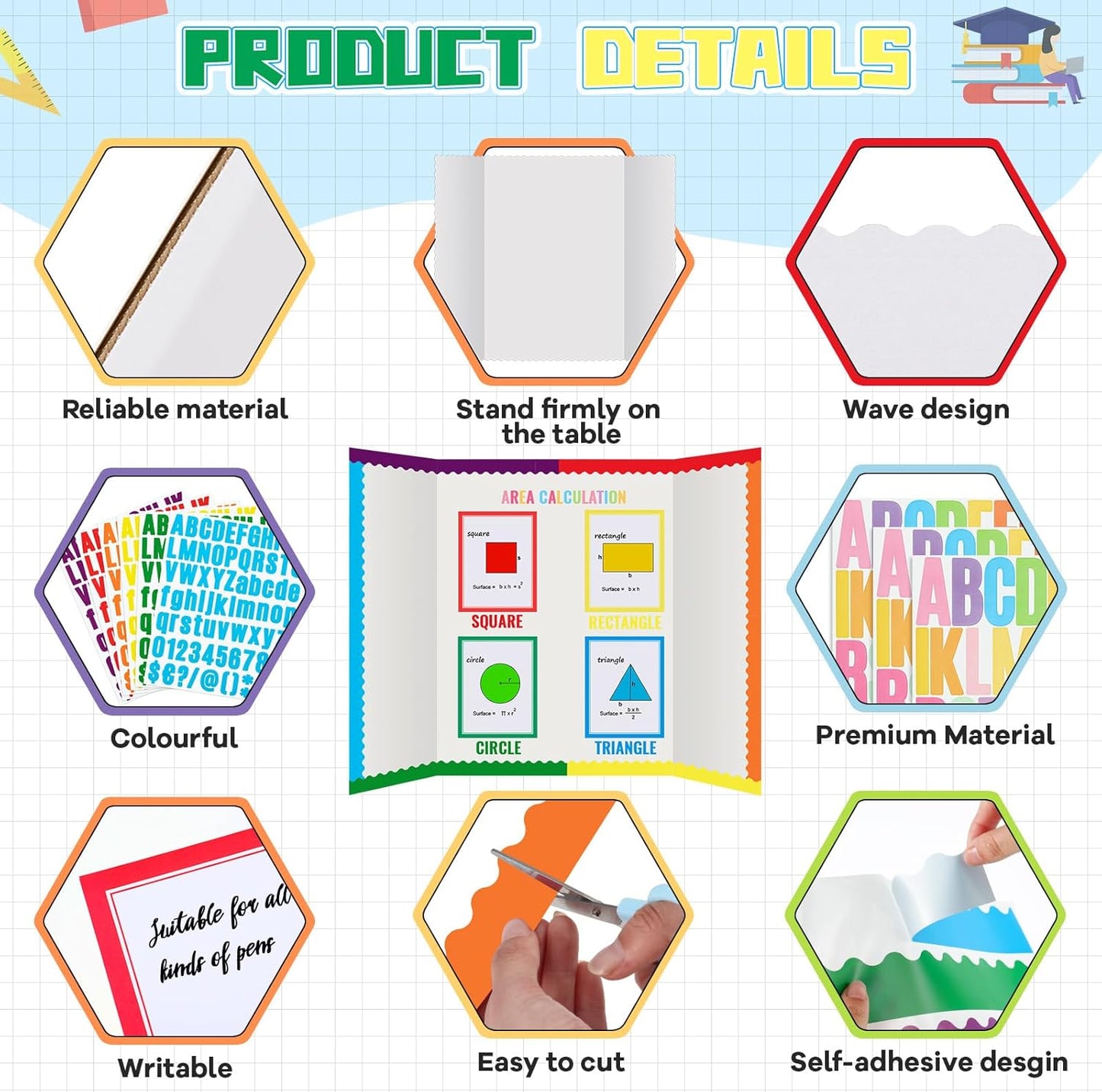 Teling 180 Pcs Trifold Poster Board Set, 8 Pcs 36 x 48 Trifold Display Presentation Cardboard Science Project Board with 172 Sheet Title Letter Stickers for Classroom School Office