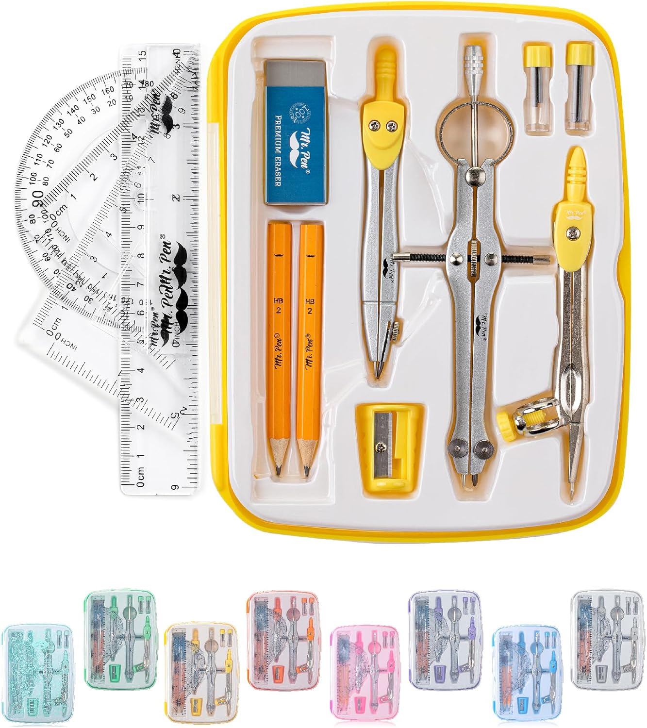 Mr. Pen- Geometry Set, 13 pcs, Compass for Geometry Compass, Geometry Kit Set with Shatterproof Storage Box, Math Compass, Geometry Set for School, Compass Math, Protractor and Compass Set