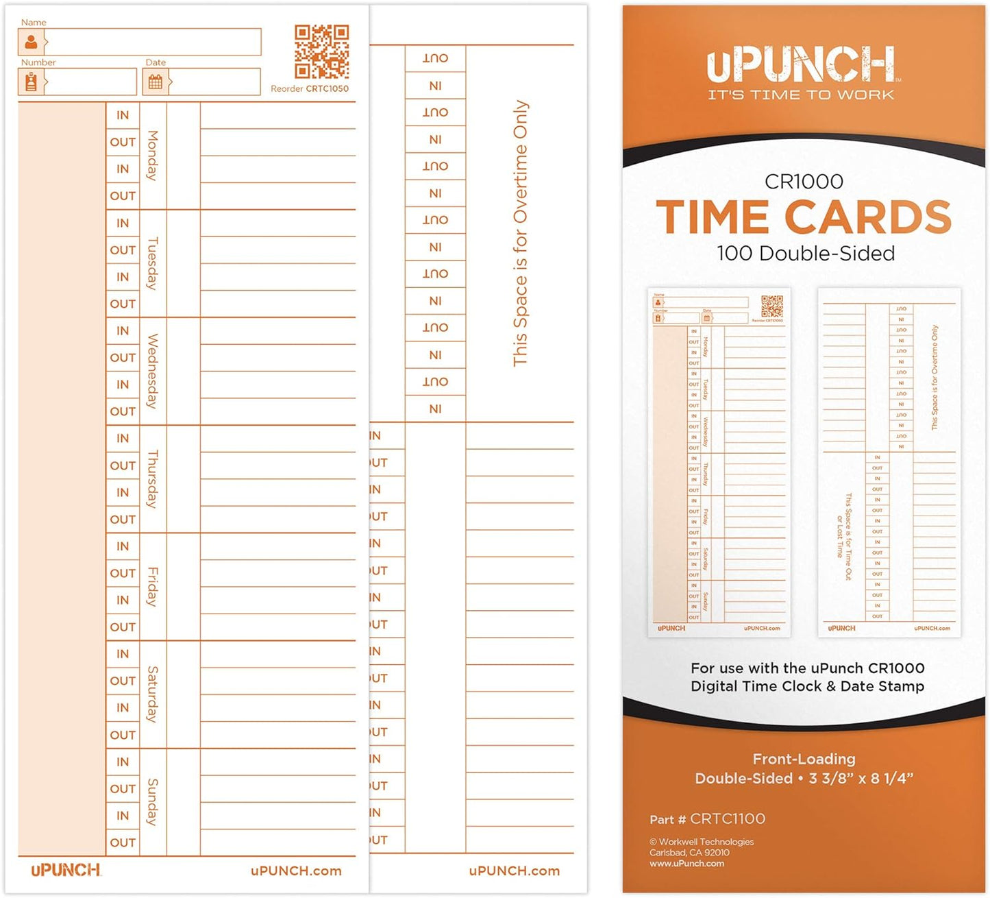 uPunch 100 Time Cards for CR1000 Digital Time Clock and Date Stamp
