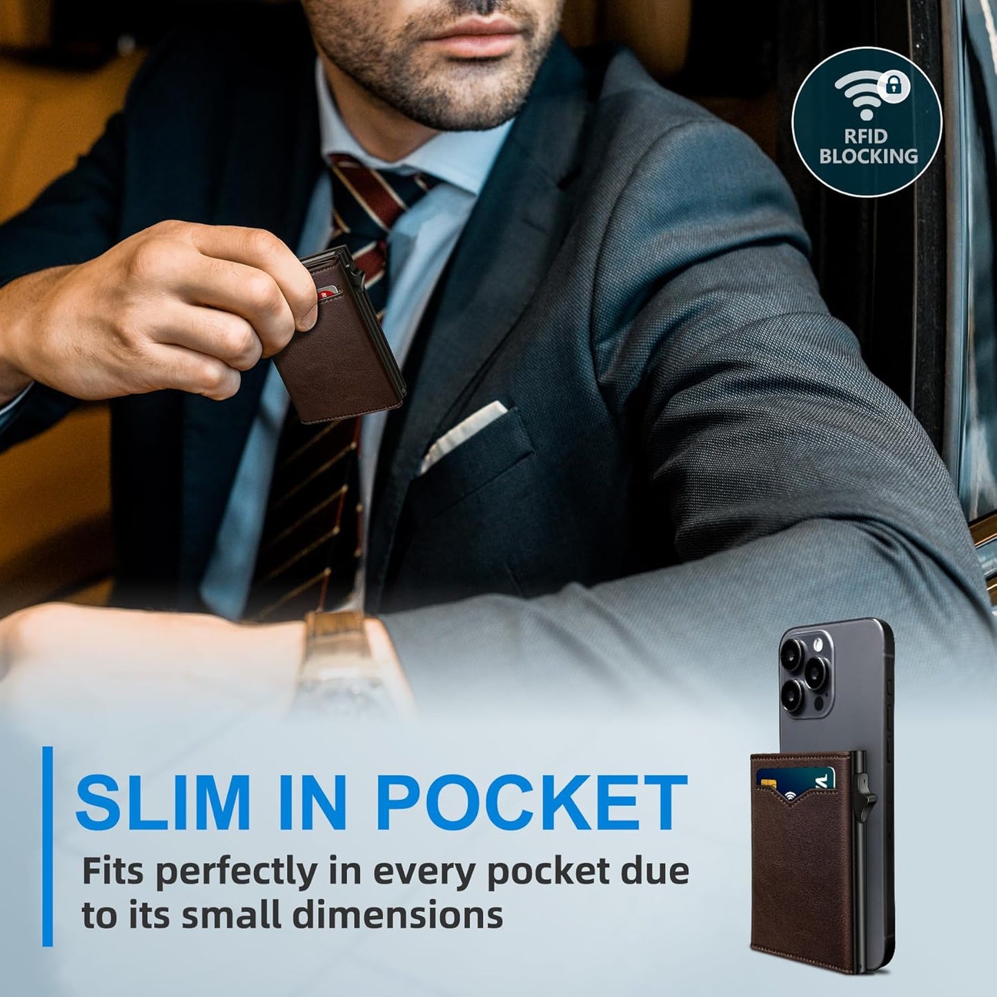 Wallet for Men,with Cash Pocket 2 ID Window 9-13 Cards,Metal Case Smart Slim Pop Up Credit Card Holder Flip with Magnetic Closure RFID Blocking Trifold wallet with Gift Box