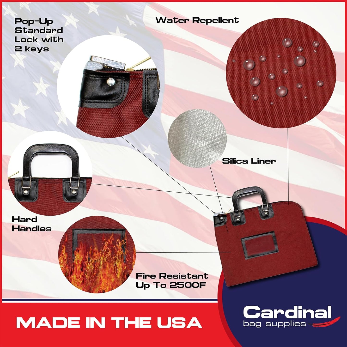 Fire Resistant Security Money Bag with Lock, Water Repellent, Safe Storage, Protects Important Valuables, 15 x 11 Inch (Burgundy)