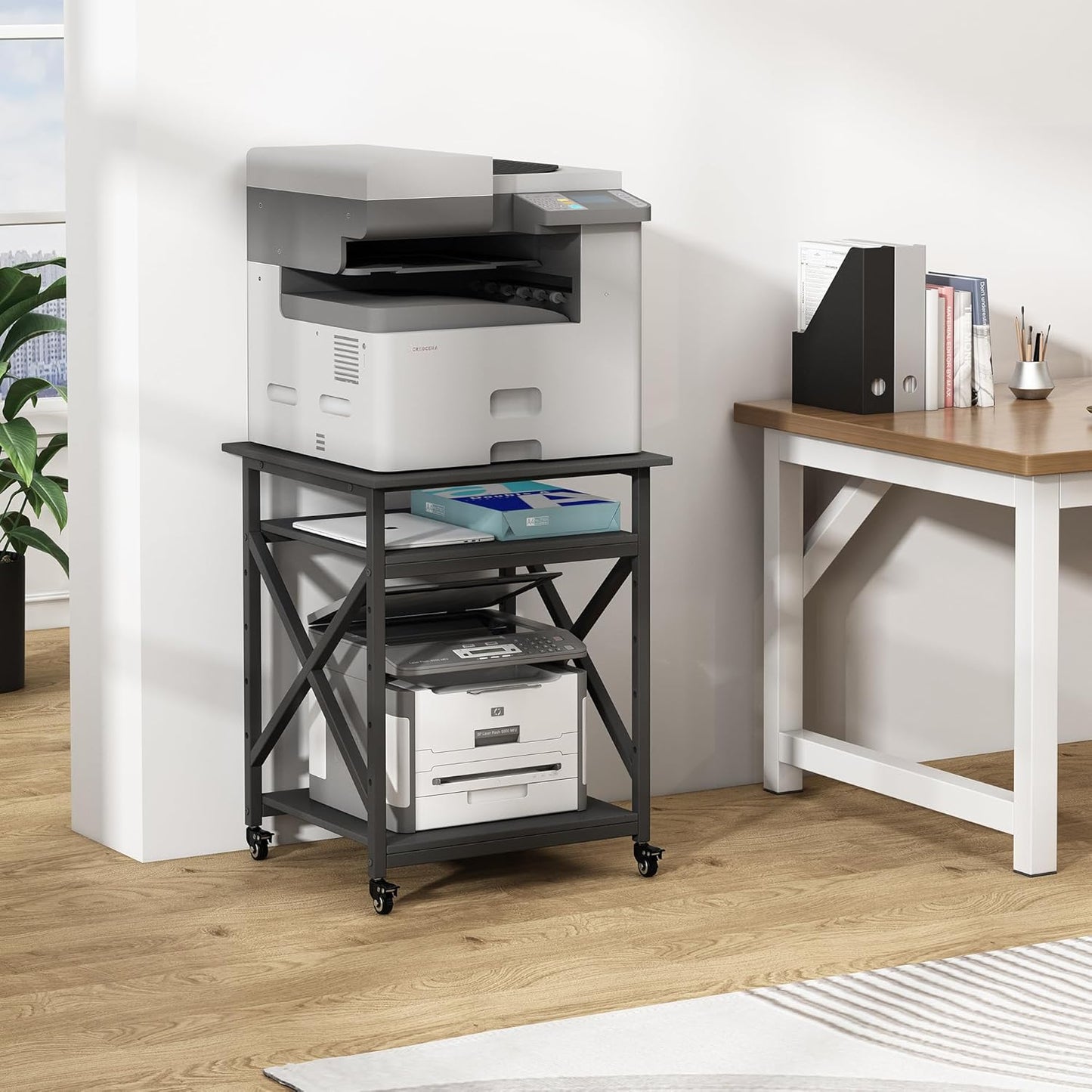 Printer Stand, 23.6 x 23.6 x 30.1 Inches Large Square Printer Table with Height Adjustable Storage Shelf, 3 Tier Rolling Printer Cart with Industrial Wheels for Home Office - Black