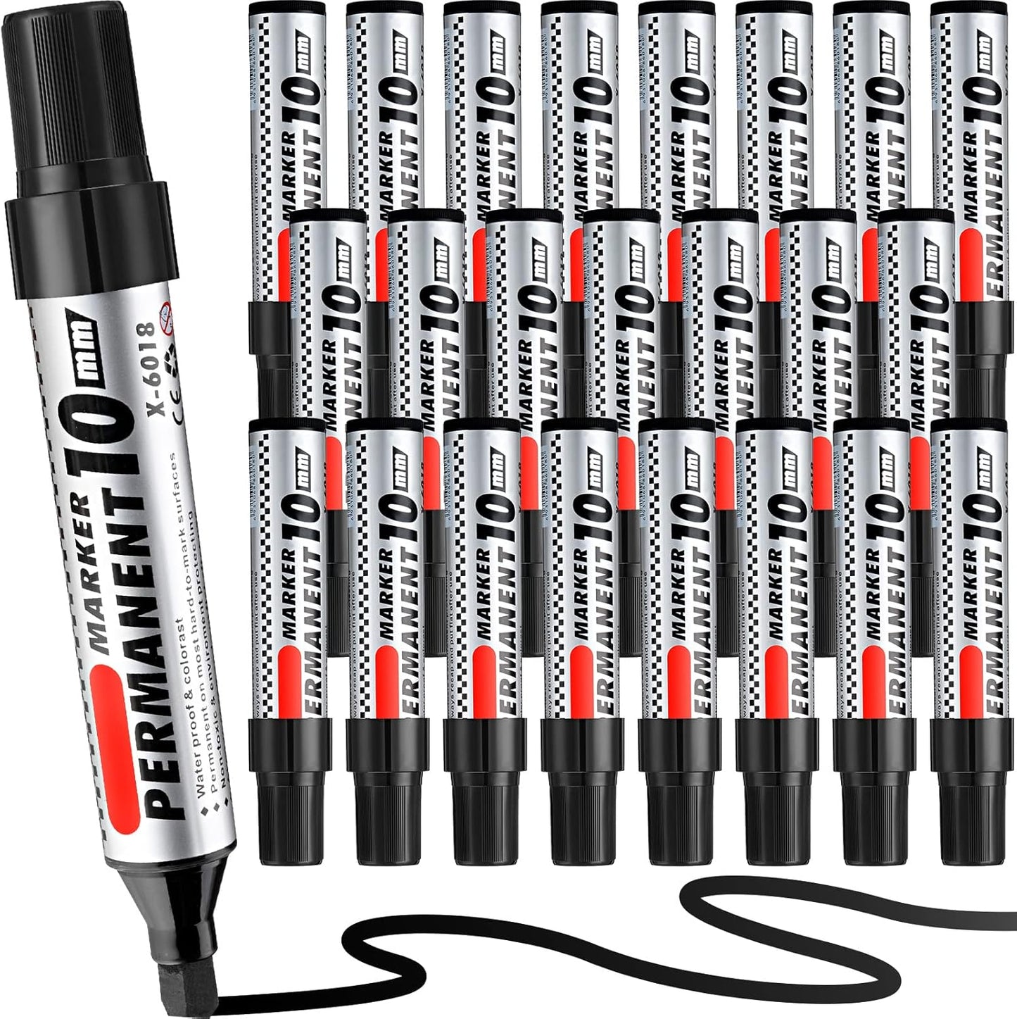 Thenshop 24 Pack Jumbo Size Permanent Markers Bulk Permanent Marker Set Chisel Tip Pens Waterproof for Industrial Use Work on Wood Metal Plastic Stone Glass(Black)