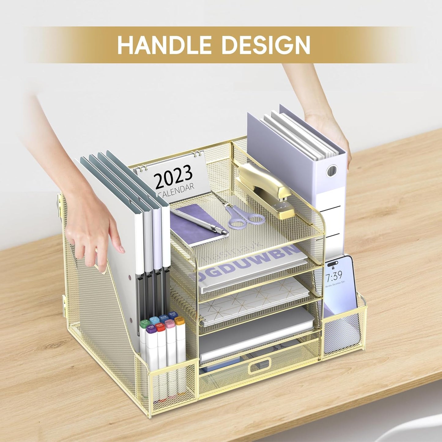 SUPEASY Mesh Desk Organizer with File Holder, 5-Tier Paper Letter Tray Organizer with Magazine Holder, Desktop Organizer and Storage with Drawer for Office Supplies Home or School, Gold