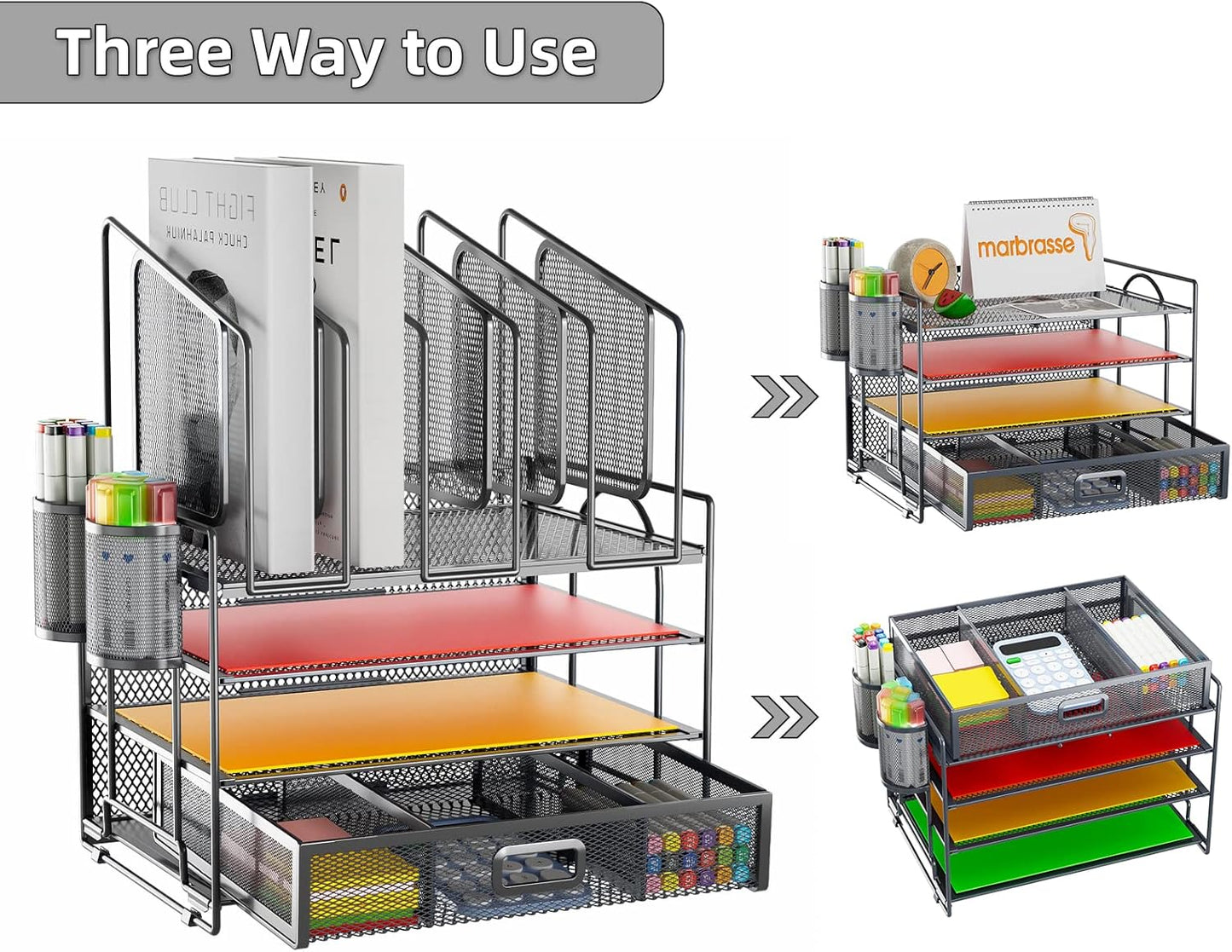 Marbrasse Desk Organizers, 4-Tier Mesh Desk File Organizer with 5 Vertical File Holders and 2 Pen Holders, Multifunction Desktop Organizer,Desk Organizers and Accessories for Home Office (Gray)