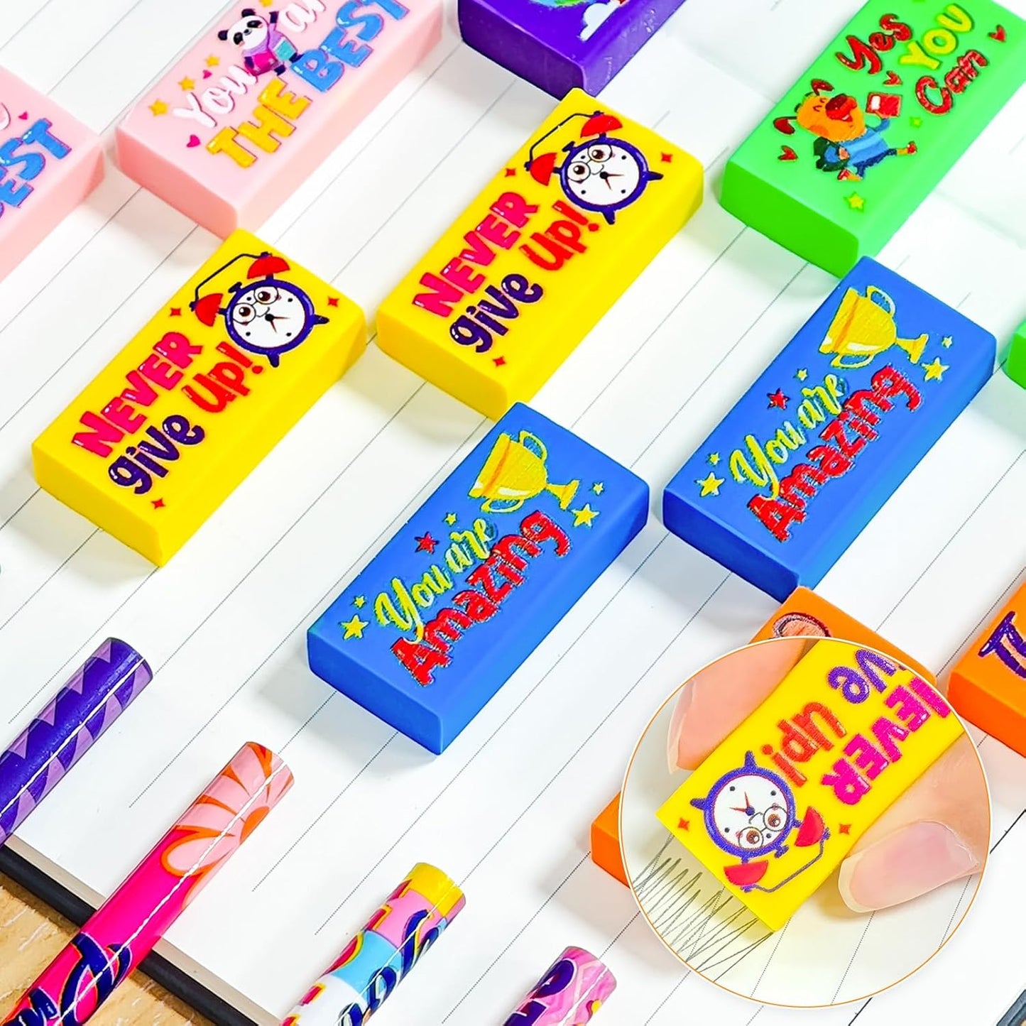 Cinrobiye 100 PCS Inspirational Pencil Erasers Bulk Motivational Cute Eraser Back to School Favor Goody Bag Filler Gifts for Students Classroom Office Teacher Prizes Reward School Supplies (Cute100)