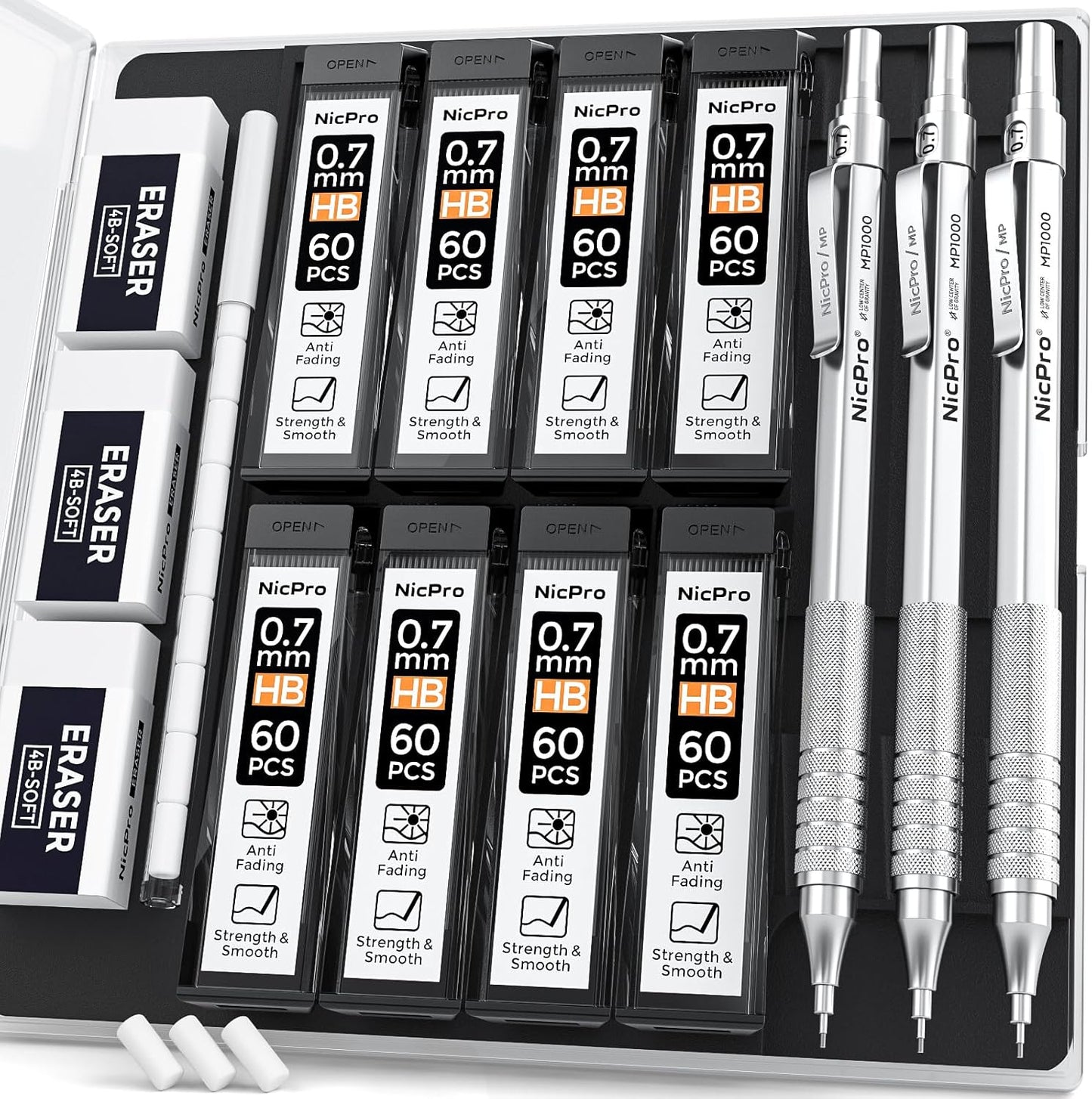 Nicpro 0.7 Metal Mechanical Pencil Set with Case, 3PCS MP1000 0.7mm Artist Lead Pencil With 8 Tube HB Refills, 3 Erasers, 9 Eraser Refill For Architect Art Drafting Drawing Engineering, Sketching