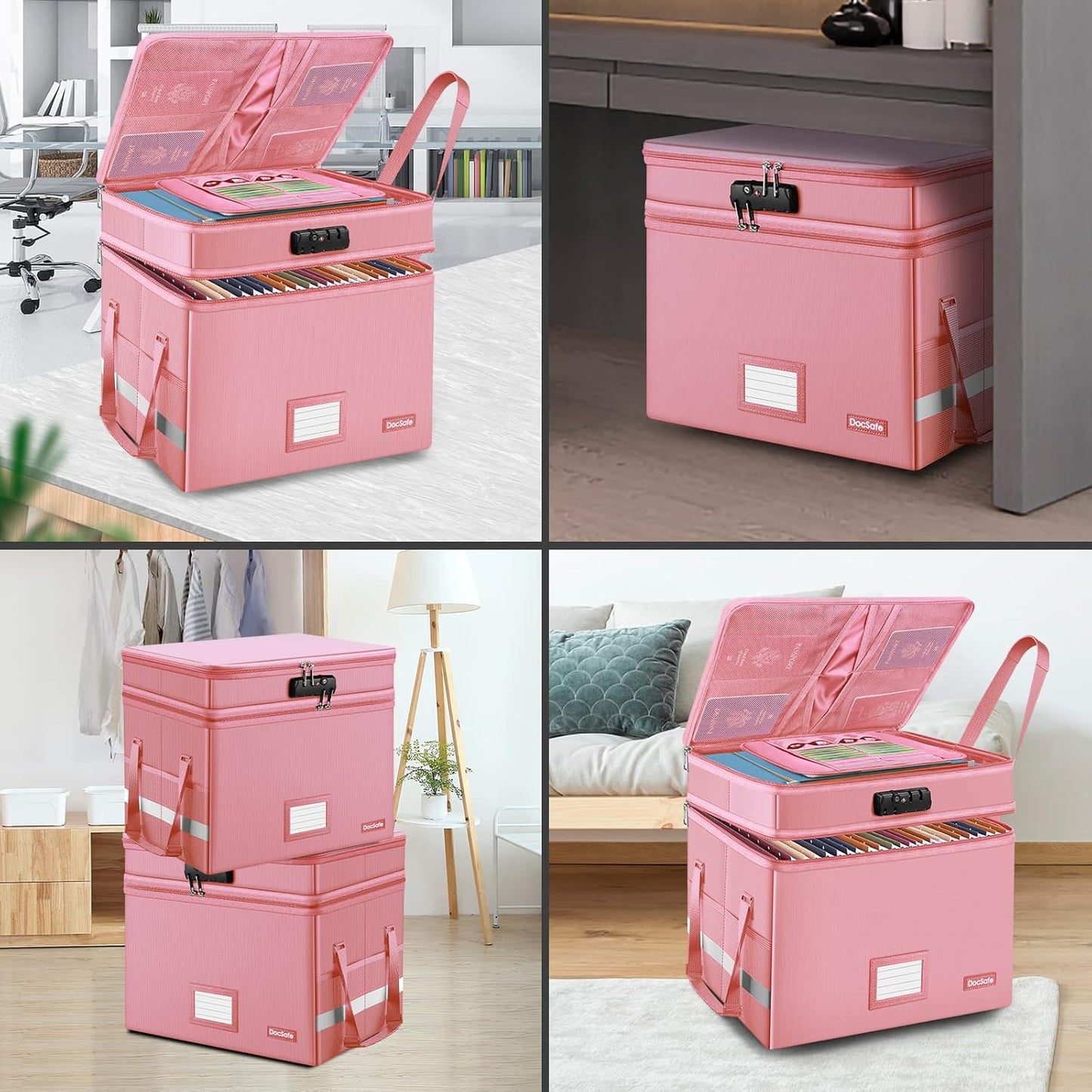 DocSafe File Box with Lock,Multi-Layer Fireproof Document Box Collapsible File Storage Organizer with Pockets/Handle,Large Portable Home Office Filing Safe for Hanging Letter/Legal Size Folders,Pink