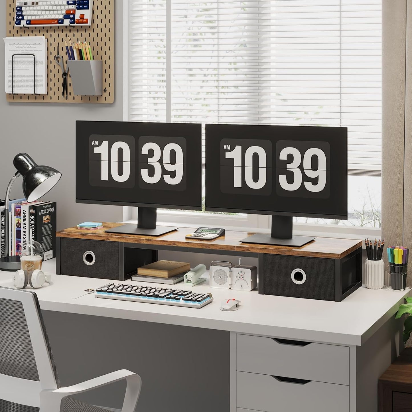 45" Large TV Riser with Fabric Drawers for 32-60 inch TV, TV Stand Riser with Steel Legs, Tabletop TV Riser Shelf, Monitor Stand Riser for Home Office, Rustic Brown