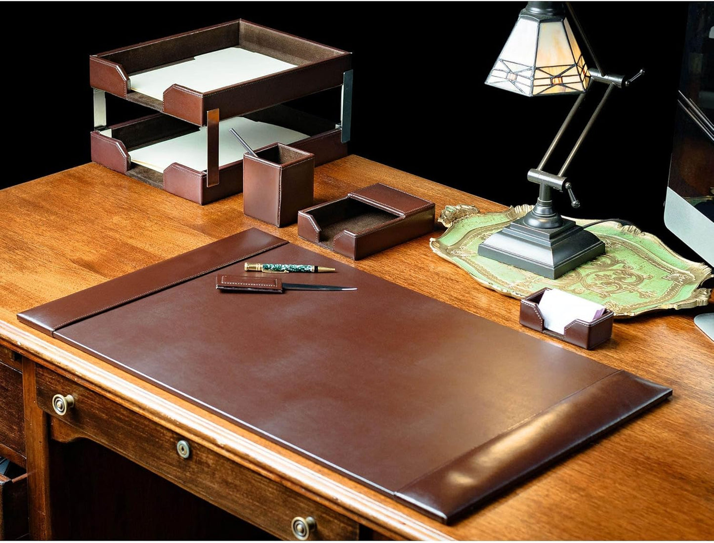 Dacasso Dark Brown Bonded Leather 8-Piece Desk Accessory Set - Organization Essentials & Executive Decor - Luxury Leather Blotter for Office Organization