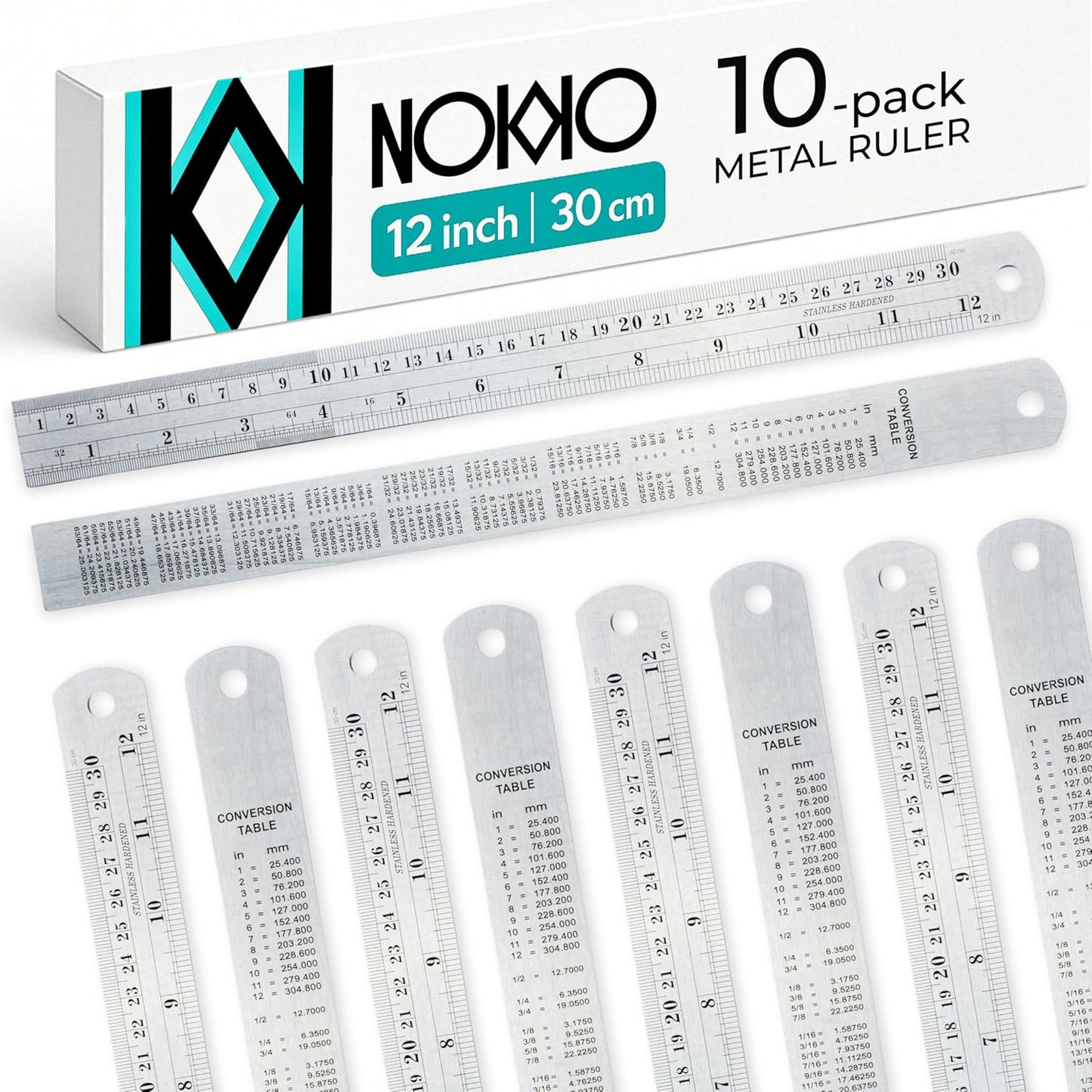 NOKKO Metal Ruler 12 Inch - Pack of 10 - Measuring Set of 12-Inch / 30 cm Stainless Steel Rulers with Imperial & Metric Measurements & Conversion Table - Metal Straight Edge Ruler for Cutting