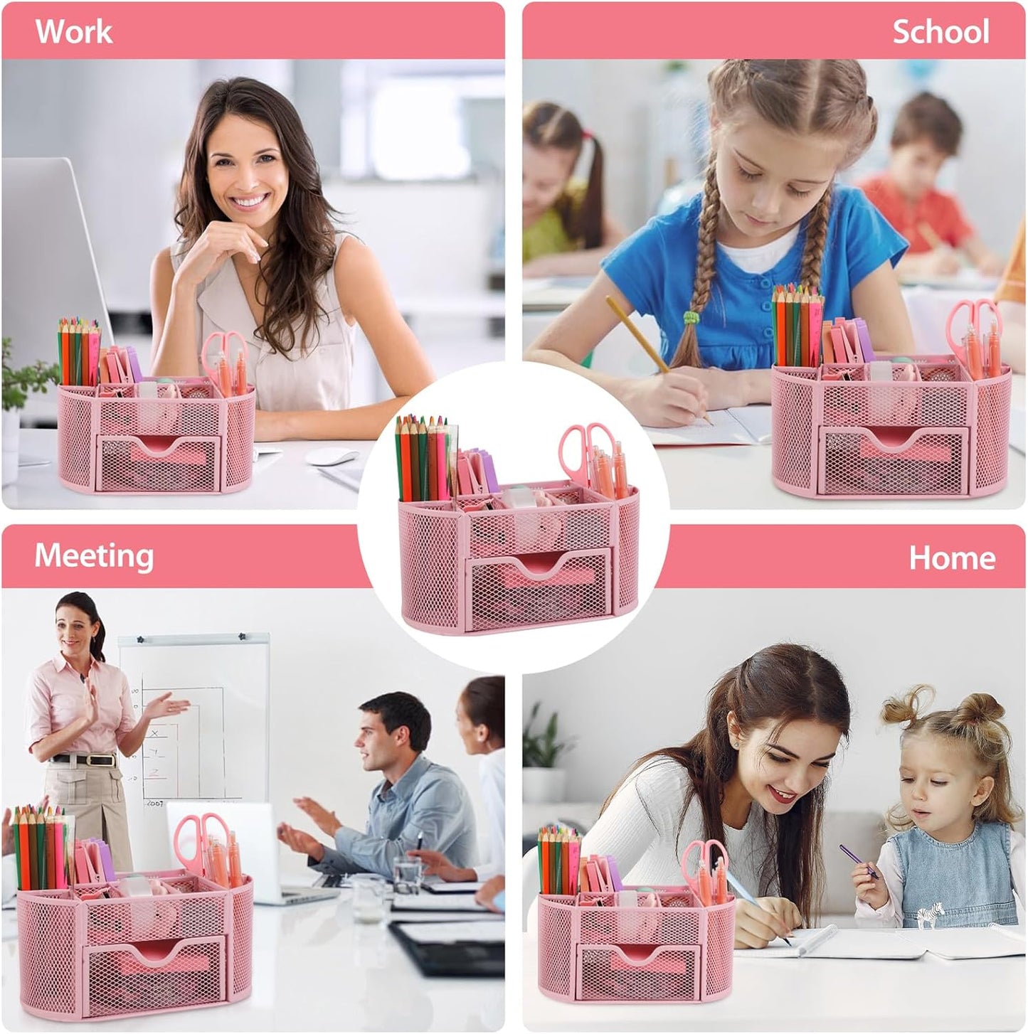 Office Supplies for Desk,14pcs Pink Desk Sets and Accessories, Office Supply Kit with Mesh Desktop Organizer and Stapler,Staple Remover, Staples,Tape Dispenser,Sticky Tabs,Scissors, Ruler