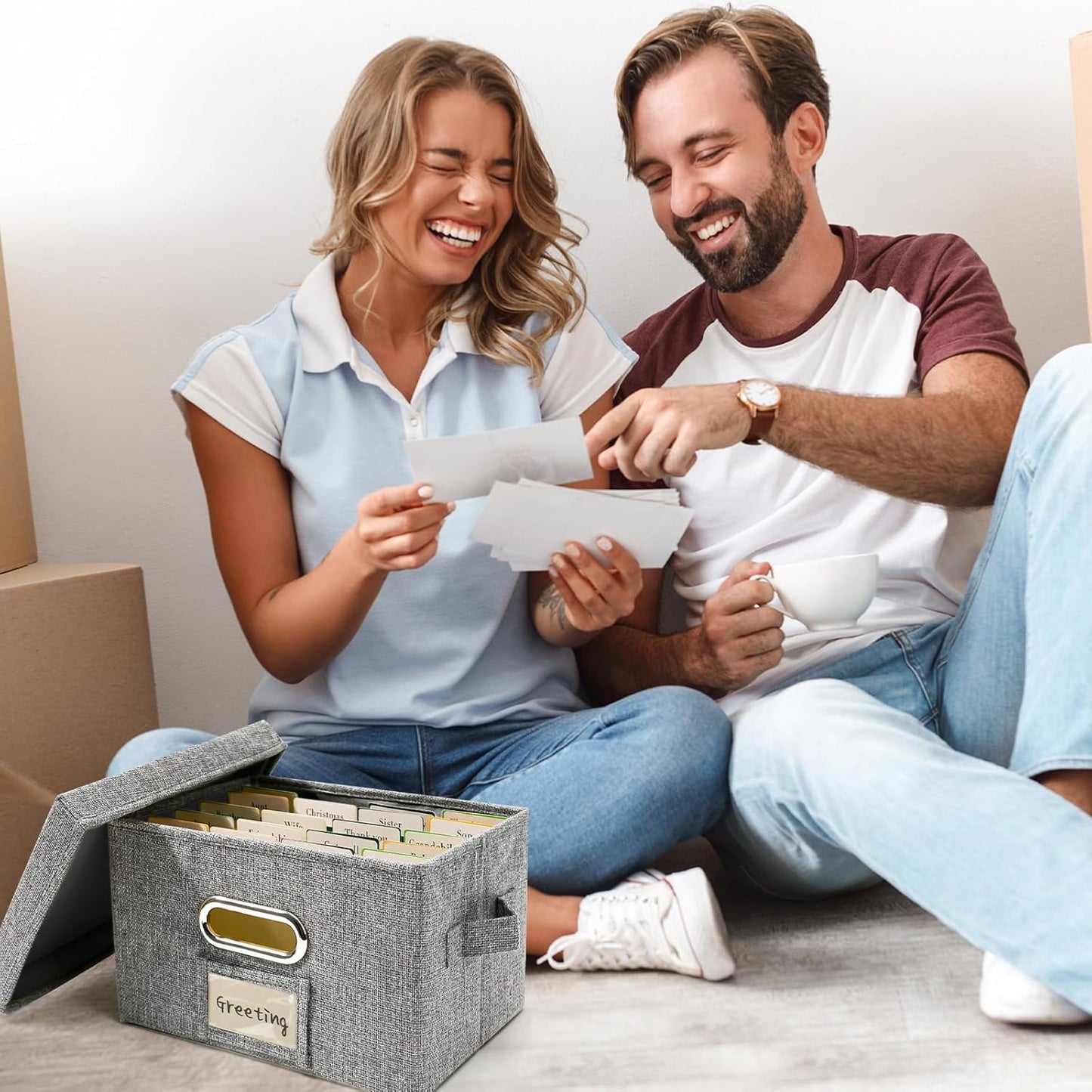 Vienrose Greeting Card Organizer 2 Pack, Storage Box with 20 Adjustable Dividers, Foldable Organizer Box Holds over 150 Cards, Storage Stickers Recipes Photos Envelopes Bills Vinyl Records, Grey