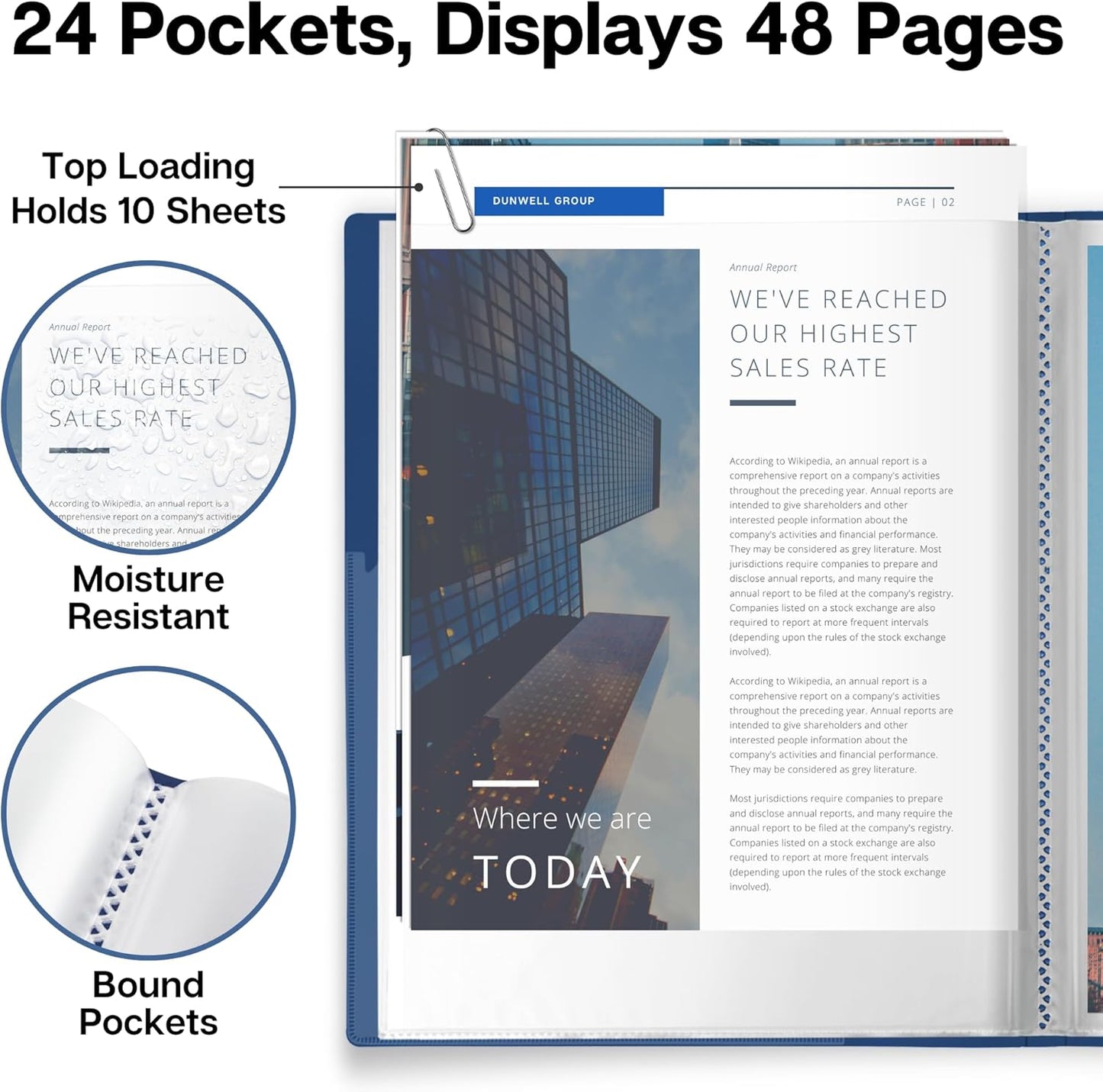 Dunwell Presentation Binder 24-Pocket, Displays 48 Pages, 8.5x11 Portfolio Binder with Plastic Sleeves, Storage and Organizer for Documents, Certificates, Projects, Photos (3 Pack, Blue)