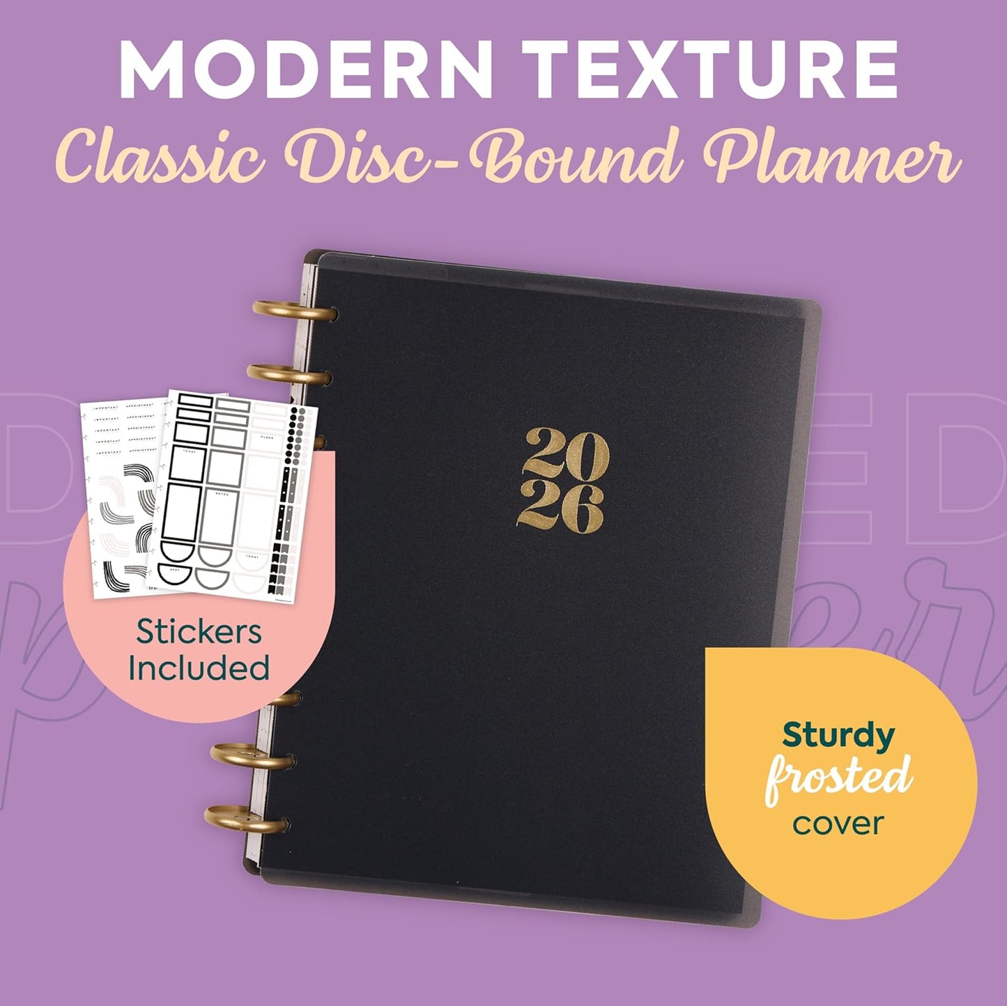 Happy Planner Disc-Bound Planner Jan.–Dec. 2026, Includes 3 Extra Months and 2 Sticker Sheets, Classic Size, 7" x 9.25", Dashboard Layout, Modern Texture