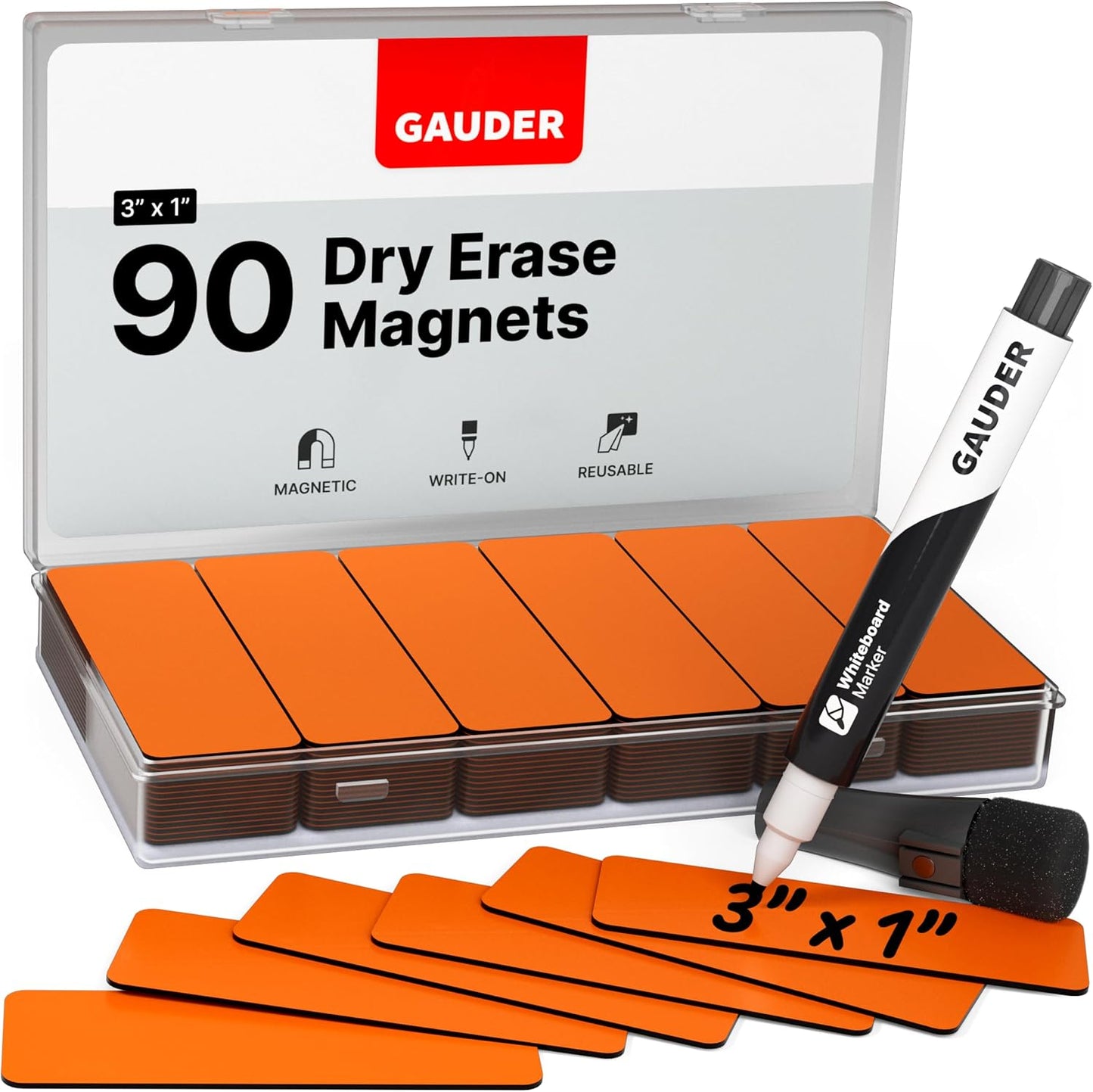 GAUDER Magnetic Dry Erase Labels | 90x Magnetic Labels (3 Inches x 1 Inch) | Dry Erase Magnets for Classroom, Whiteboard and Blackboard