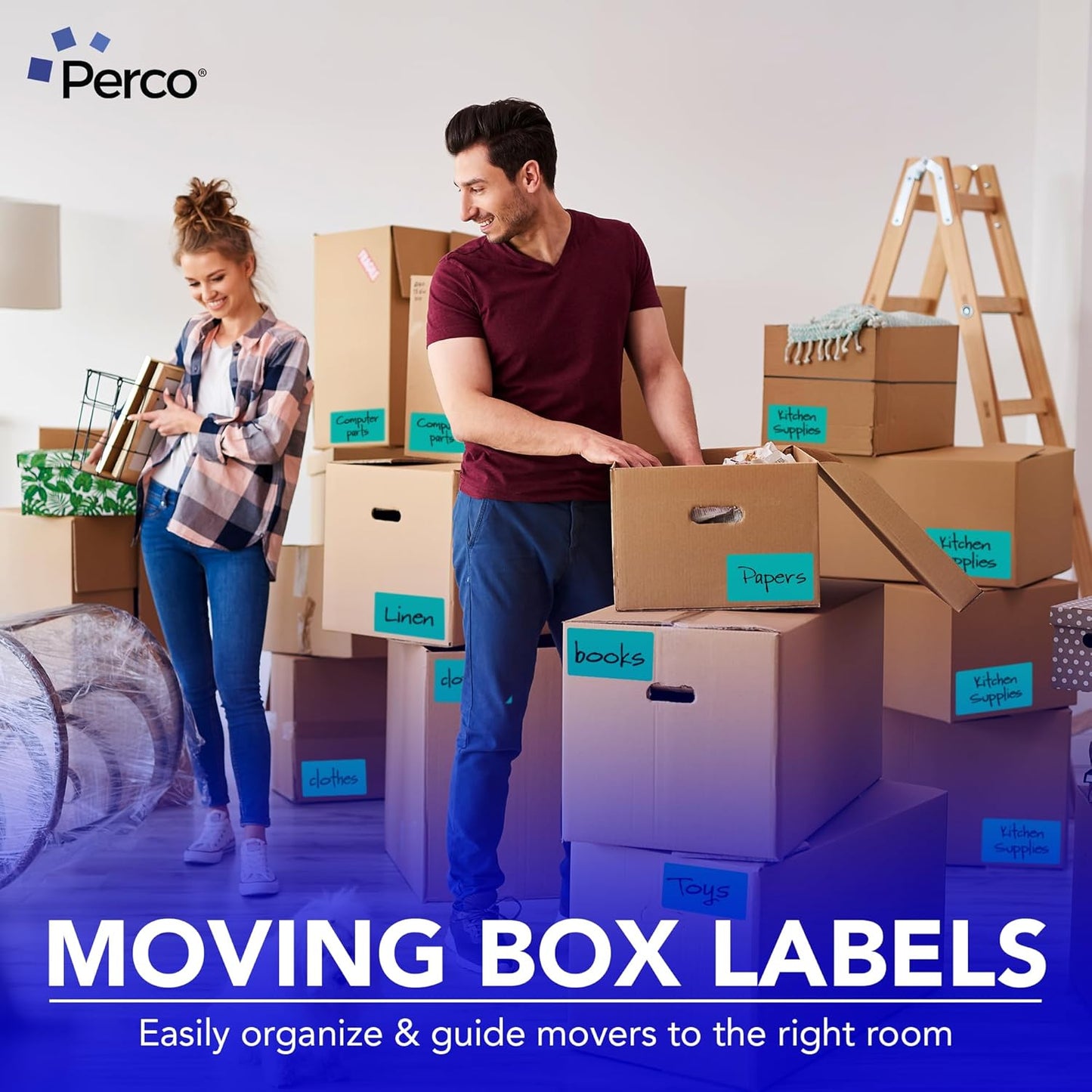 Perco Teal Labels 3x5 Inch 500 Stickers/Roll with Easy Peel Perforation and Strong Adhesion for Inventory Management, Color Coding, Moving Boxes, Retail, Organizing & Crafts – Made in USA