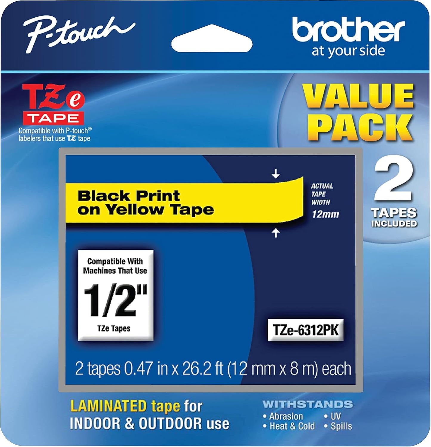 Brother Genuine P-Touch, TZe-6312Pk Tape ½” (12mm) 2-Pack Laminated P-Touch Tape, Black On Yellow Perfect for Indoor Or Outdoor Use, Water Resistant, 26.2 Ft. (8M)