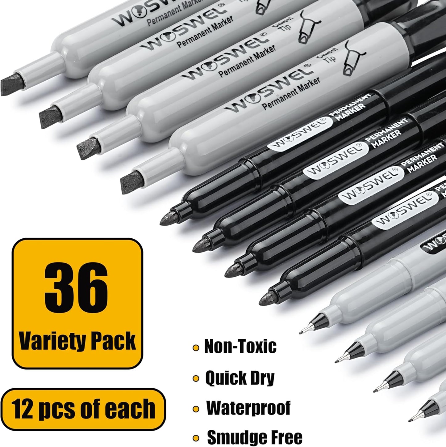 Permanent Markers 36 Variety Pack Bulk,Featuring Ultra-Fine,Chisel Tip,And Fine Tip Marker Set,Writing And Poster Black Markers,Works on Plastic,Wood,Stone,Metal and Glass for Doodling, Marking