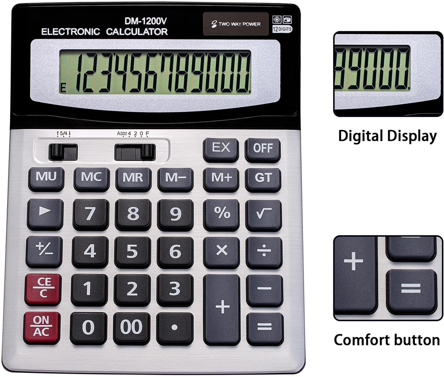 12 Digit Desktop Calculator with Large LCD Display and Sensitive Button, Dual Solar Power and Battery, Standard Function for Office (YE1200v)