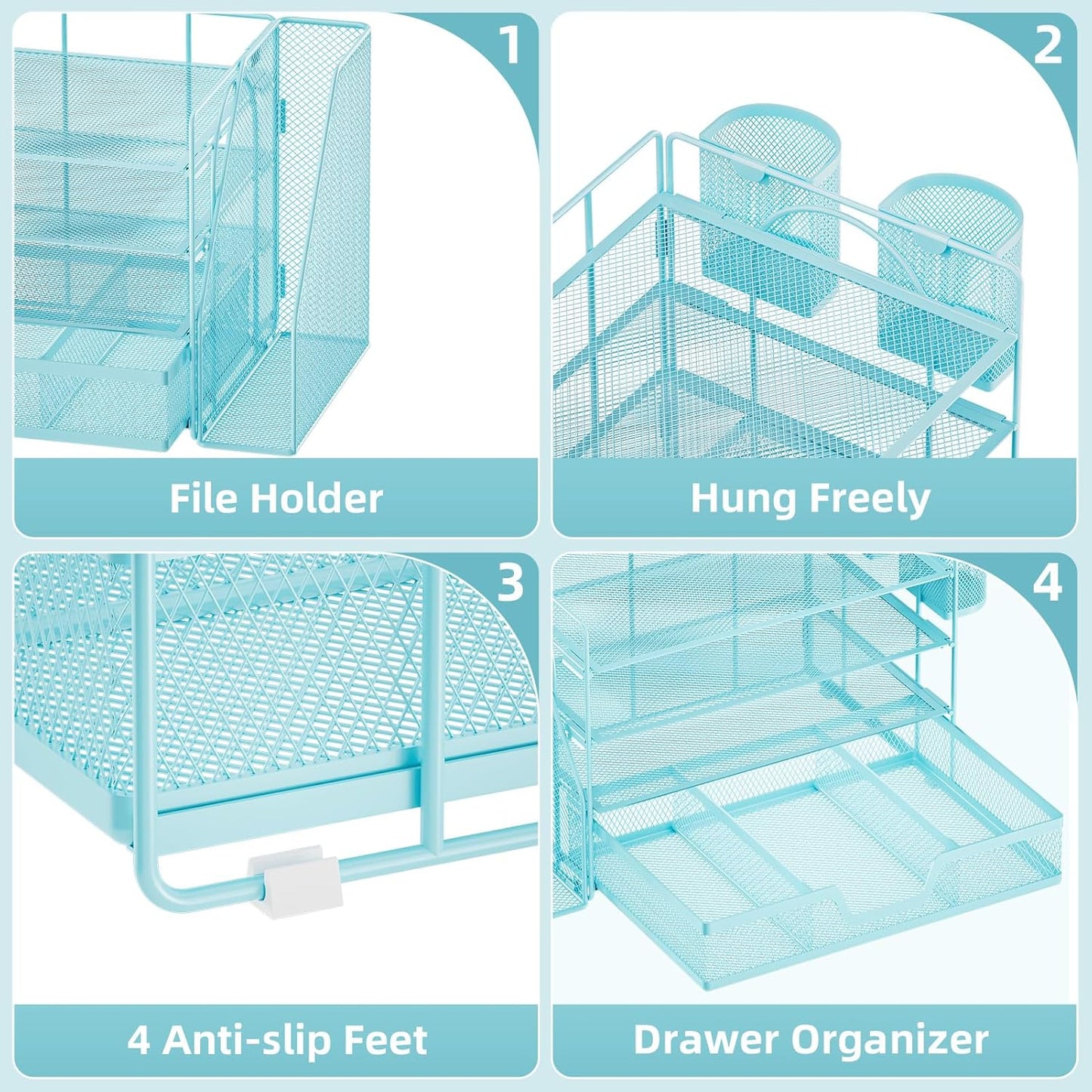 Marbrasse Desk Organizer and Accessories，4-Tier Paper Letter Tray Organizer with File Holder, Desk Accessories & Workspace Organizers with Drawer and 2 Pen Holder (Blue, 15.4" x 9.1" x 8.3")